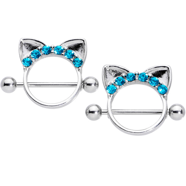 14 Gauge 9/16 Aqua Gem Kitty Cat Ears Nipple Shield Set
