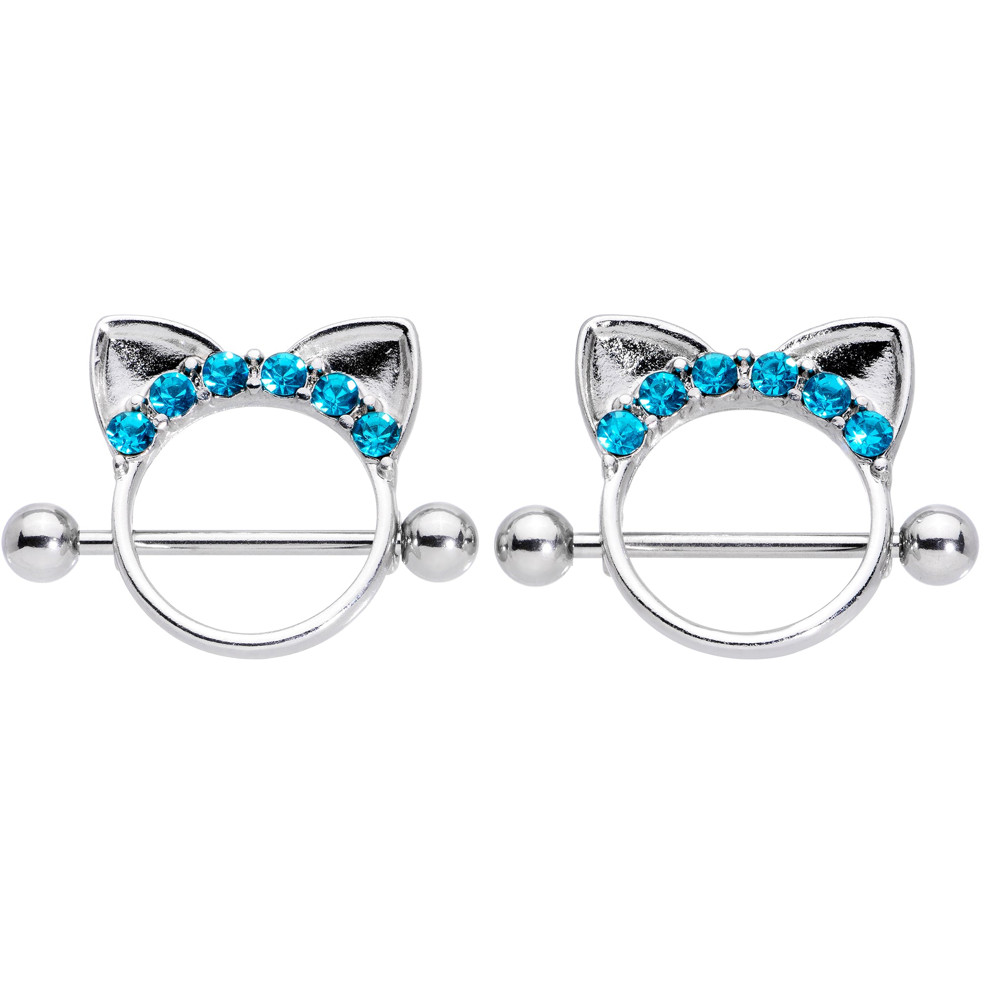 14G 9/16 Aqua Gem Kitty Cat Ears Nipple Shield Set