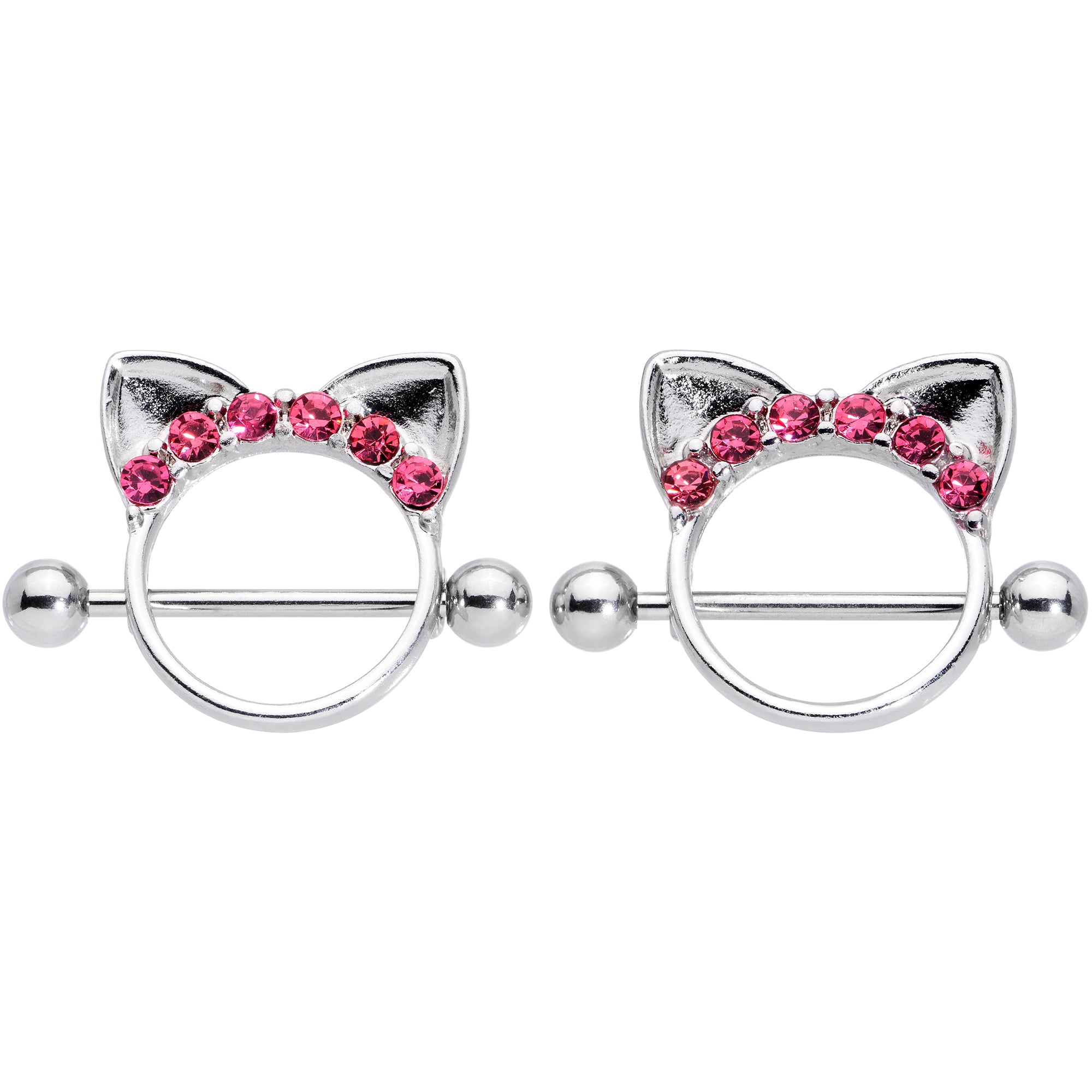 14G 9/16 Pink Gem Kitty Cat Ears Nipple Shield Set