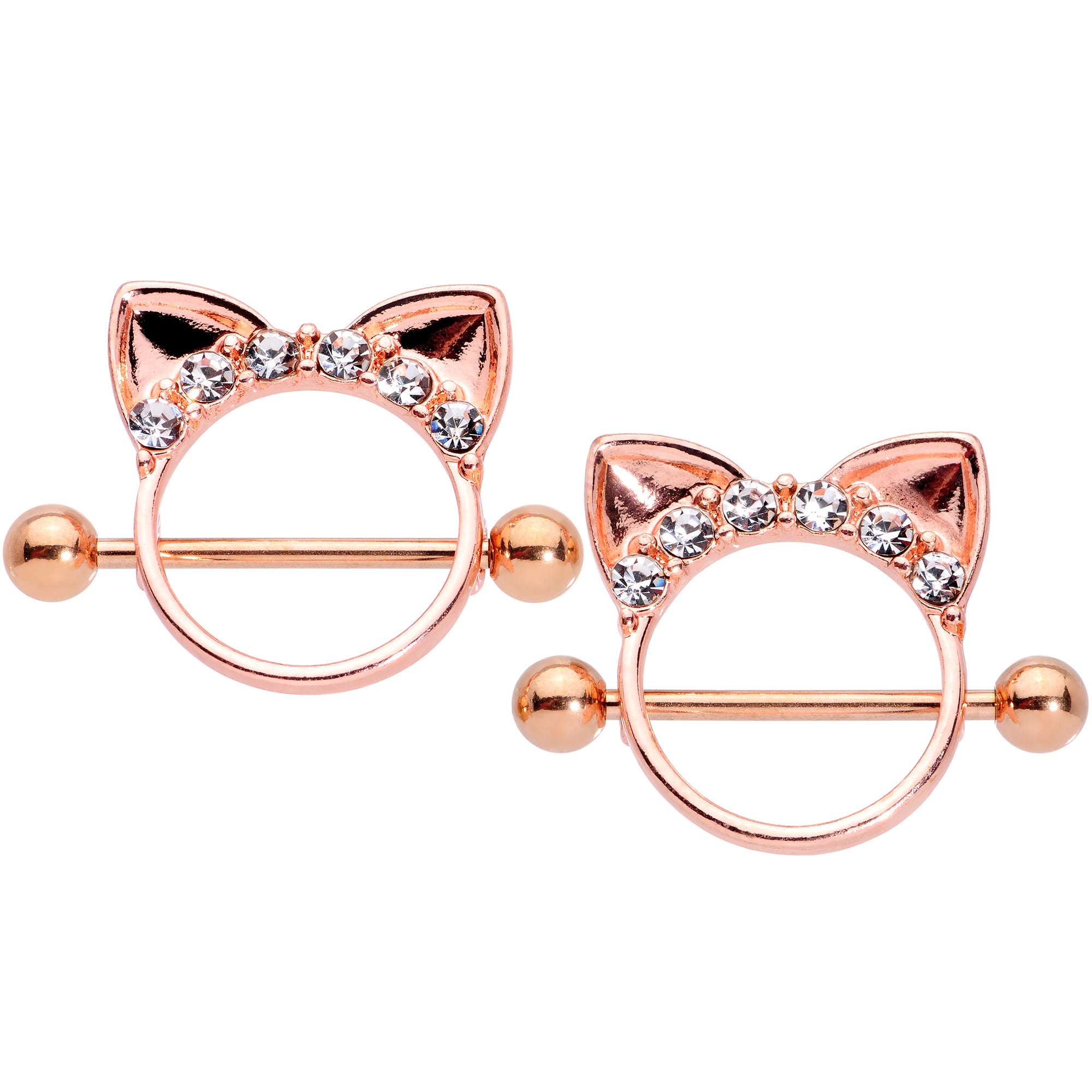14G 9/16 Clear Gem Rose Gold Hue Kitty Cat Ears Nipple Shield Set