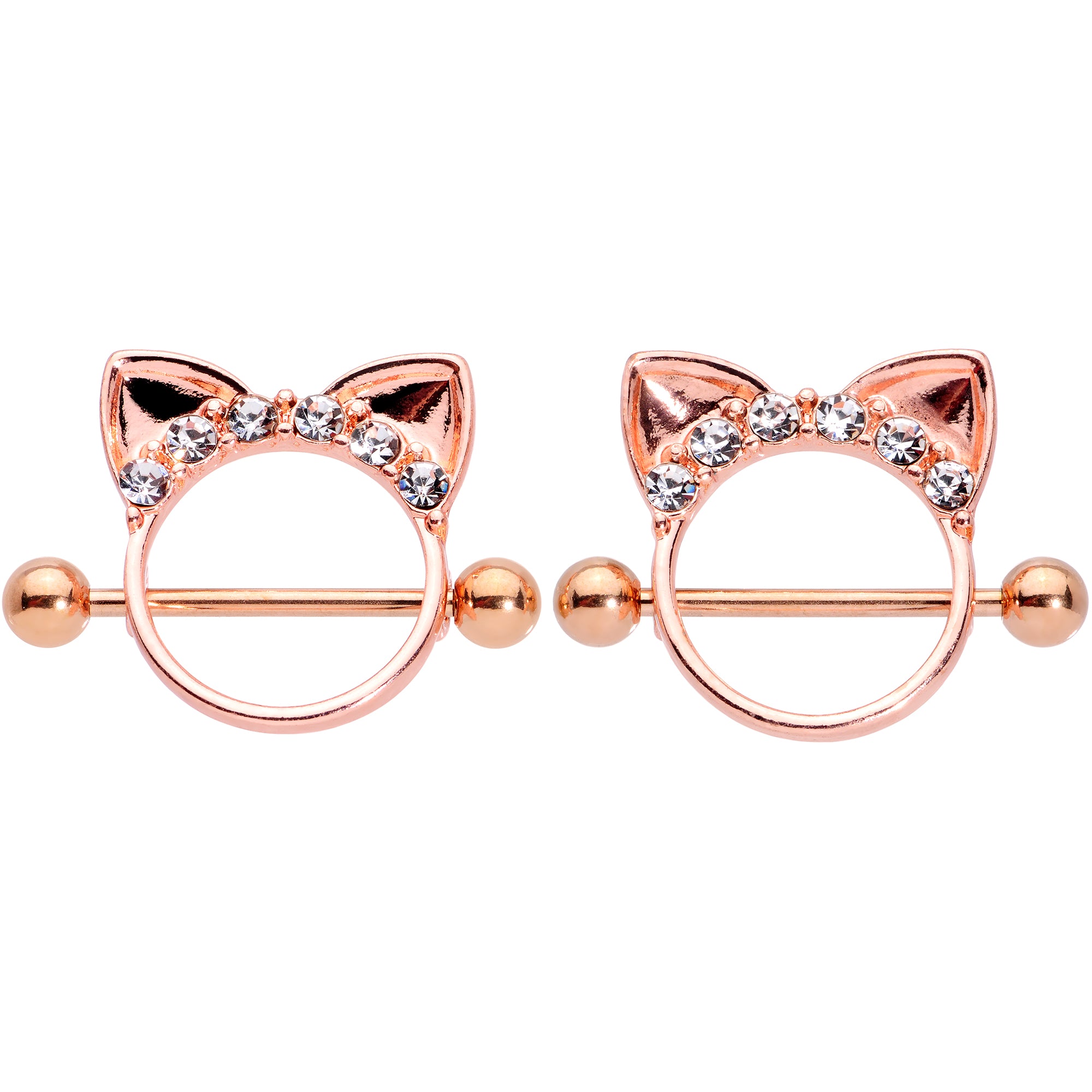 14 Gauge 9/16 Clear Gem Rose Gold Hue Kitty Cat Ears Nipple Shield Set