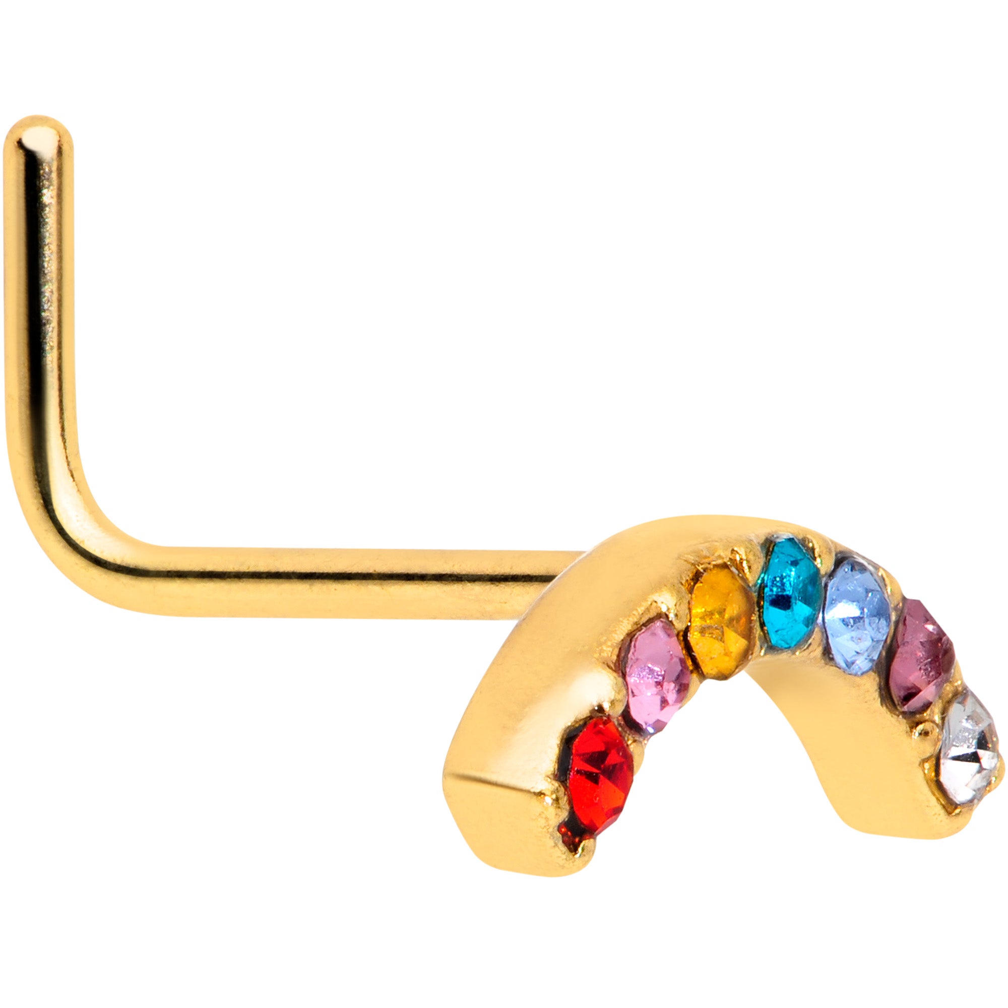 20G 5/16 Red Blue CZ Gem Gold Tone Rainbow Arc L Shape Nose Ring