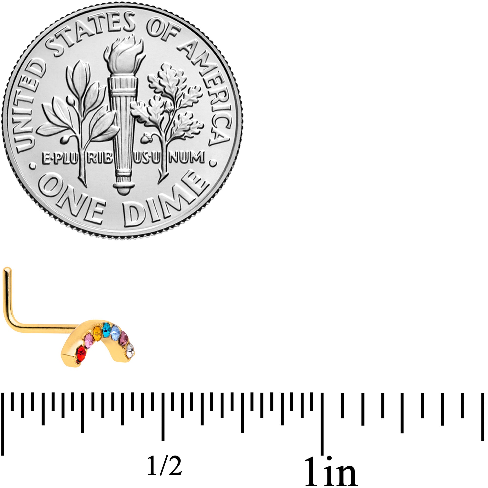 20G 5/16 Red Blue CZ Gem Gold Tone Rainbow Arc L Shape Nose Ring