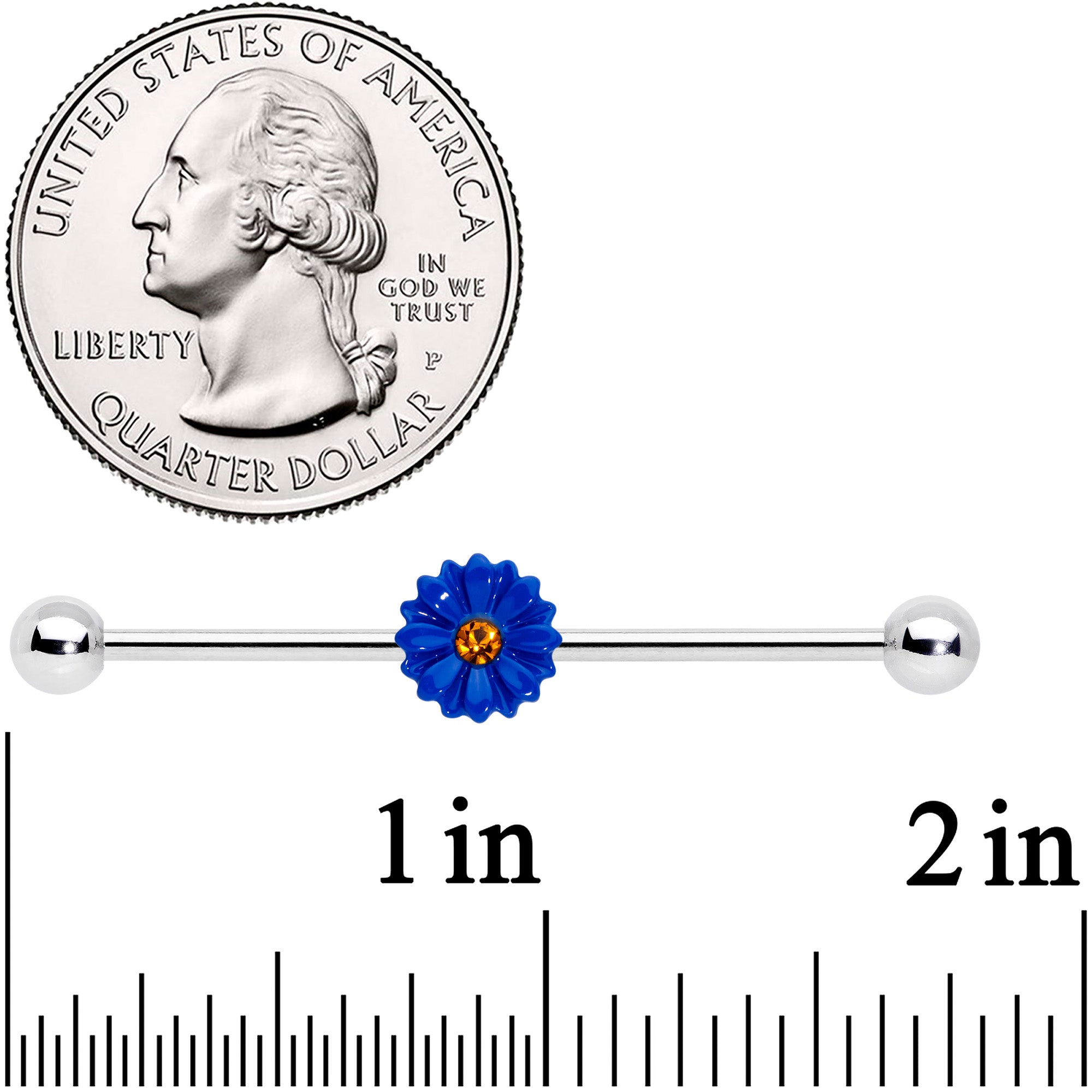 14G Yellow Gem Blue Sunflower Industrial Barbell 38mm