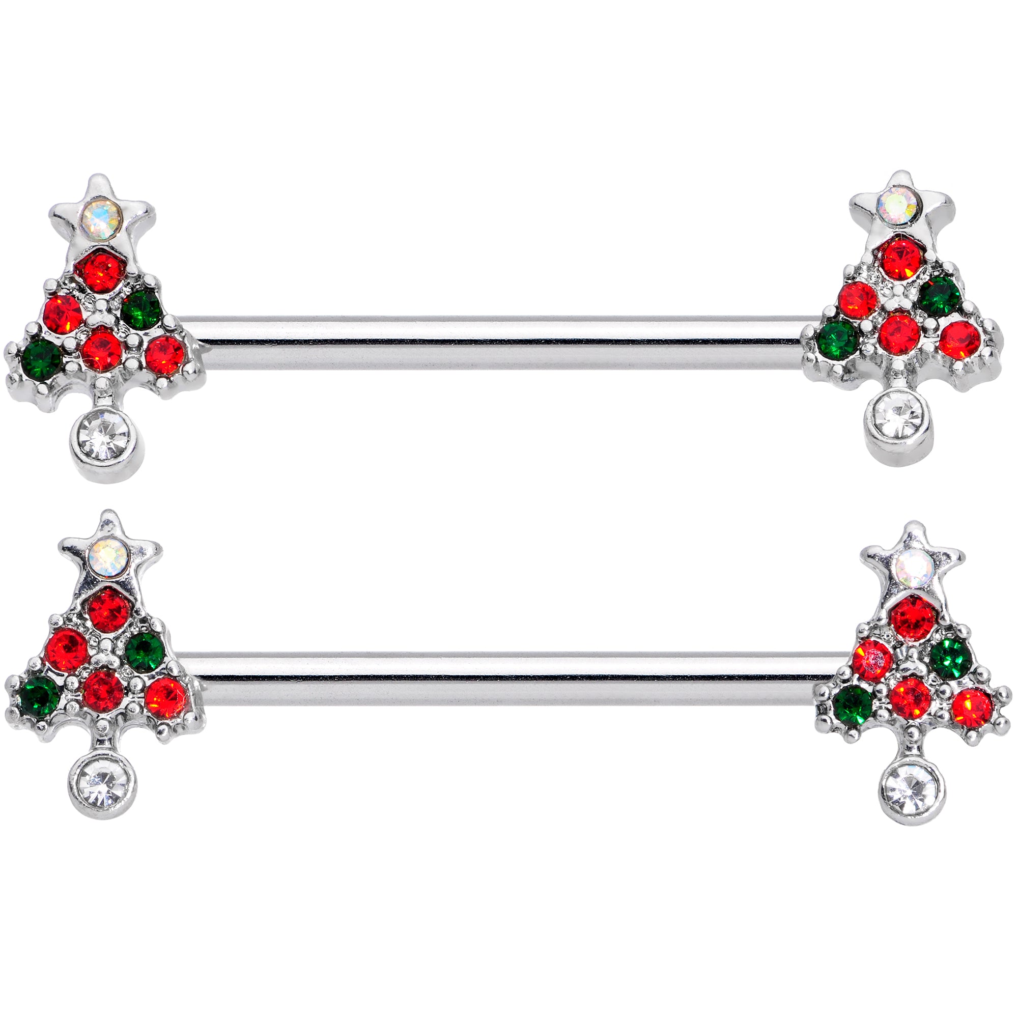 14G 11/16 Clear Red Green Gem Christmas Tree Nipple Ring Set