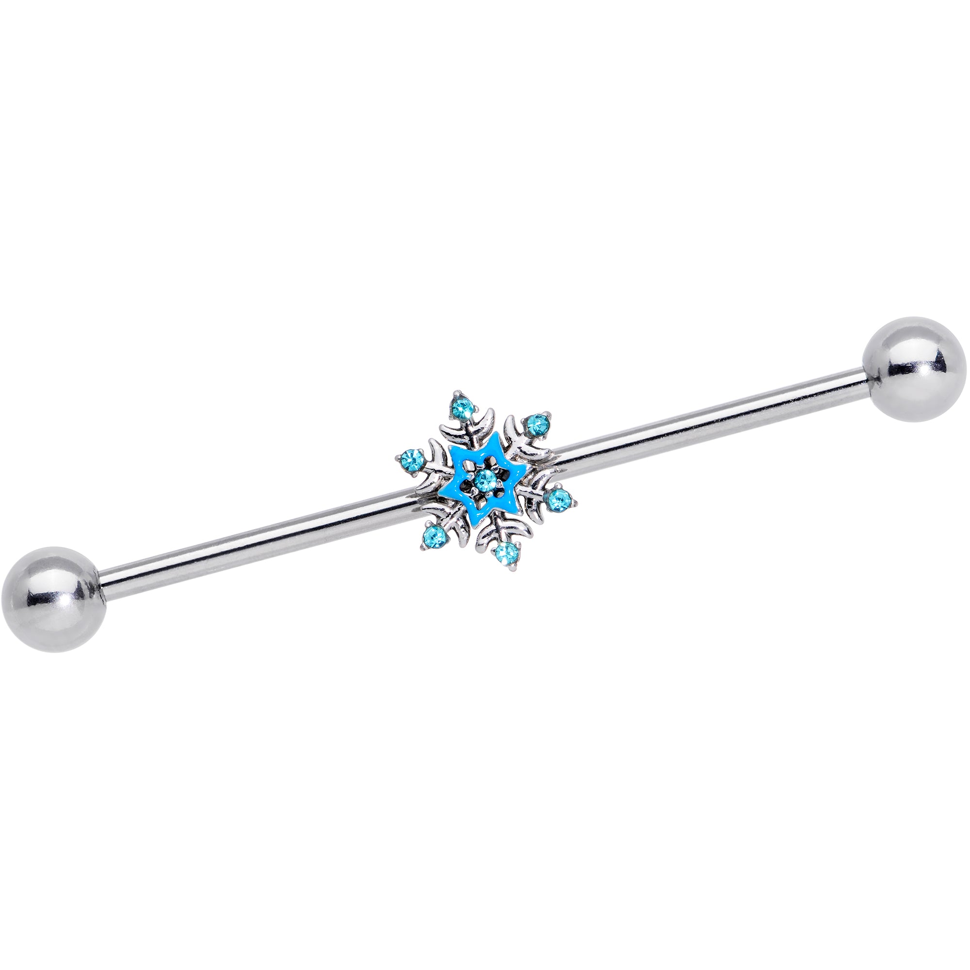 14G Aqua Gem Winter Snowflake Christmas Industrial Barbell 38mm