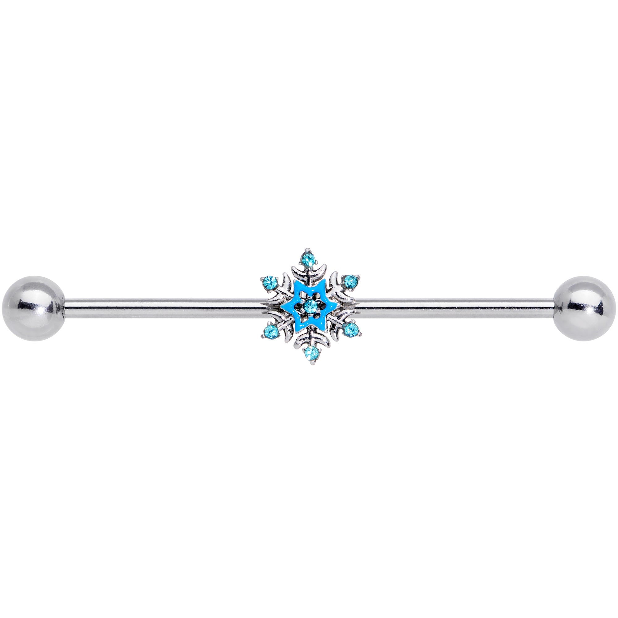 14G Aqua Gem Winter Snowflake Christmas Industrial Barbell 38mm