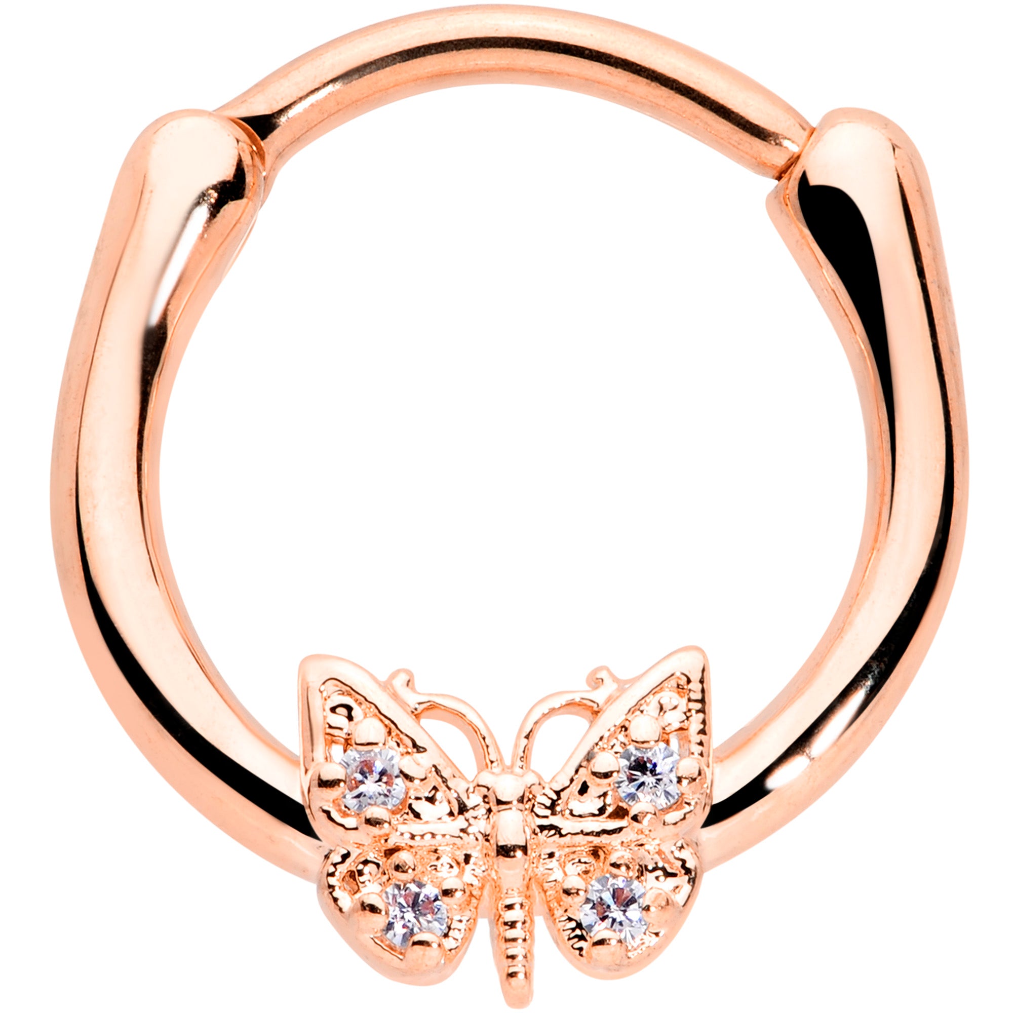 16G 3/8 Clear Gem Rose Gold Hue Butterfly Cartilage Clicker