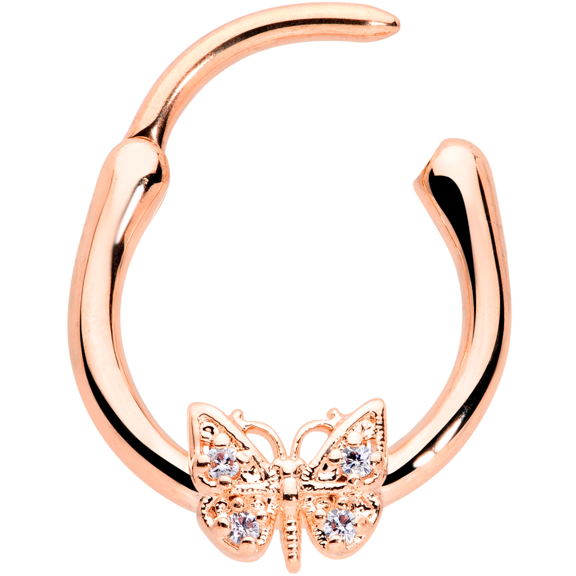 16G 3/8 Clear Gem Rose Gold Hue Butterfly Cartilage Clicker