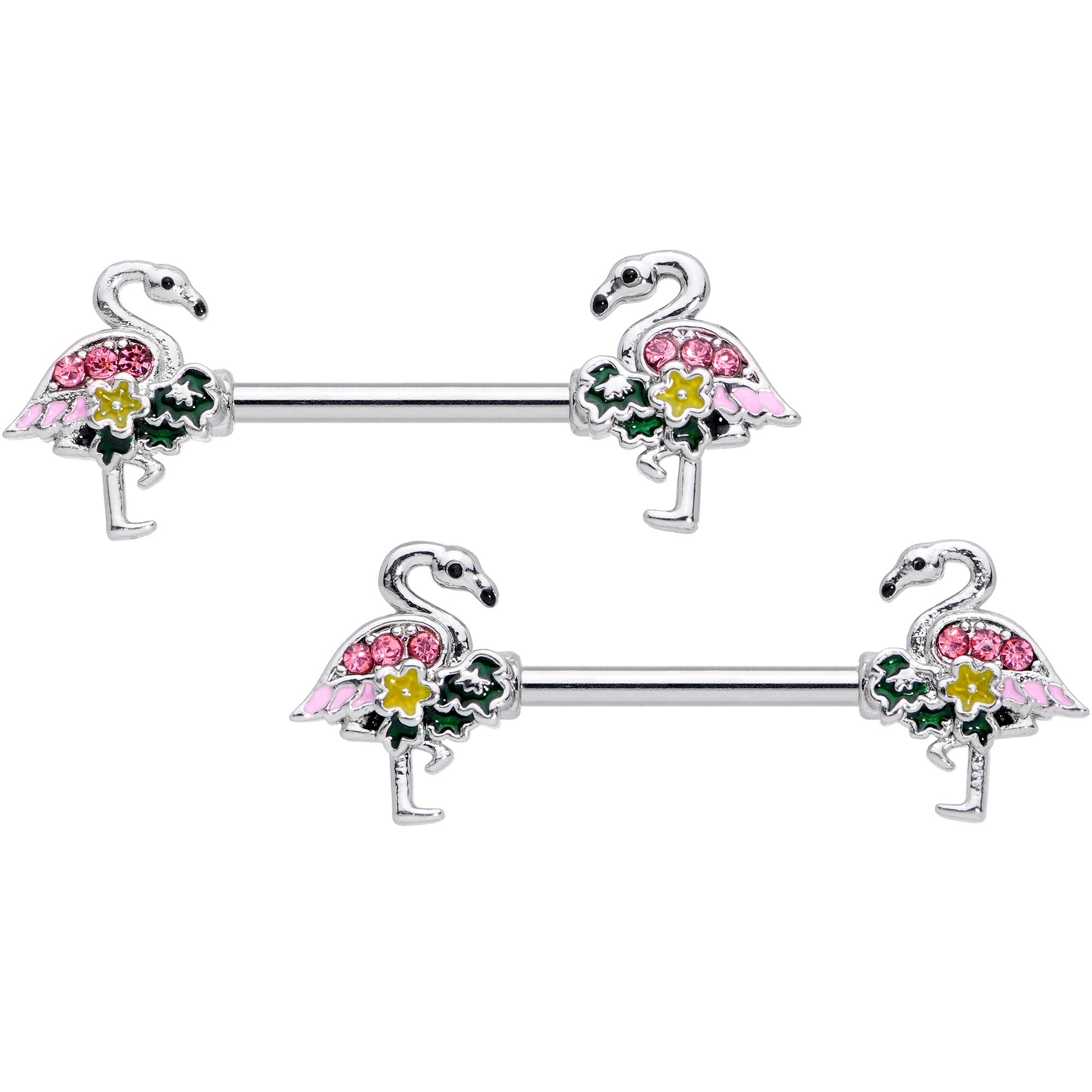 14G 9/16 Pink Gem Funky Flamingo Barbell Nipple Ring Set