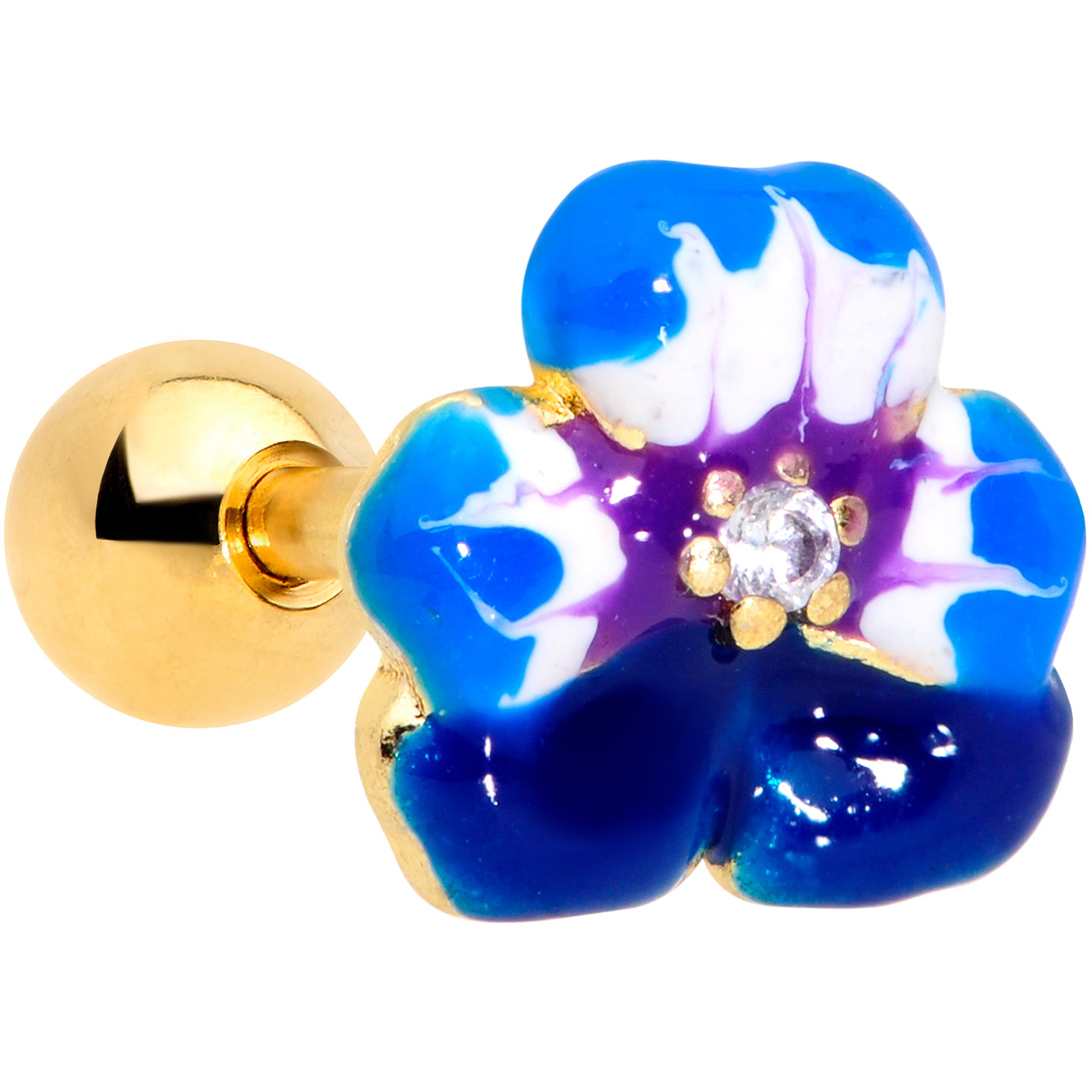 16G 1/4 Clear CZ Gem Gold Tone Blue Flower Cartilage Tragus