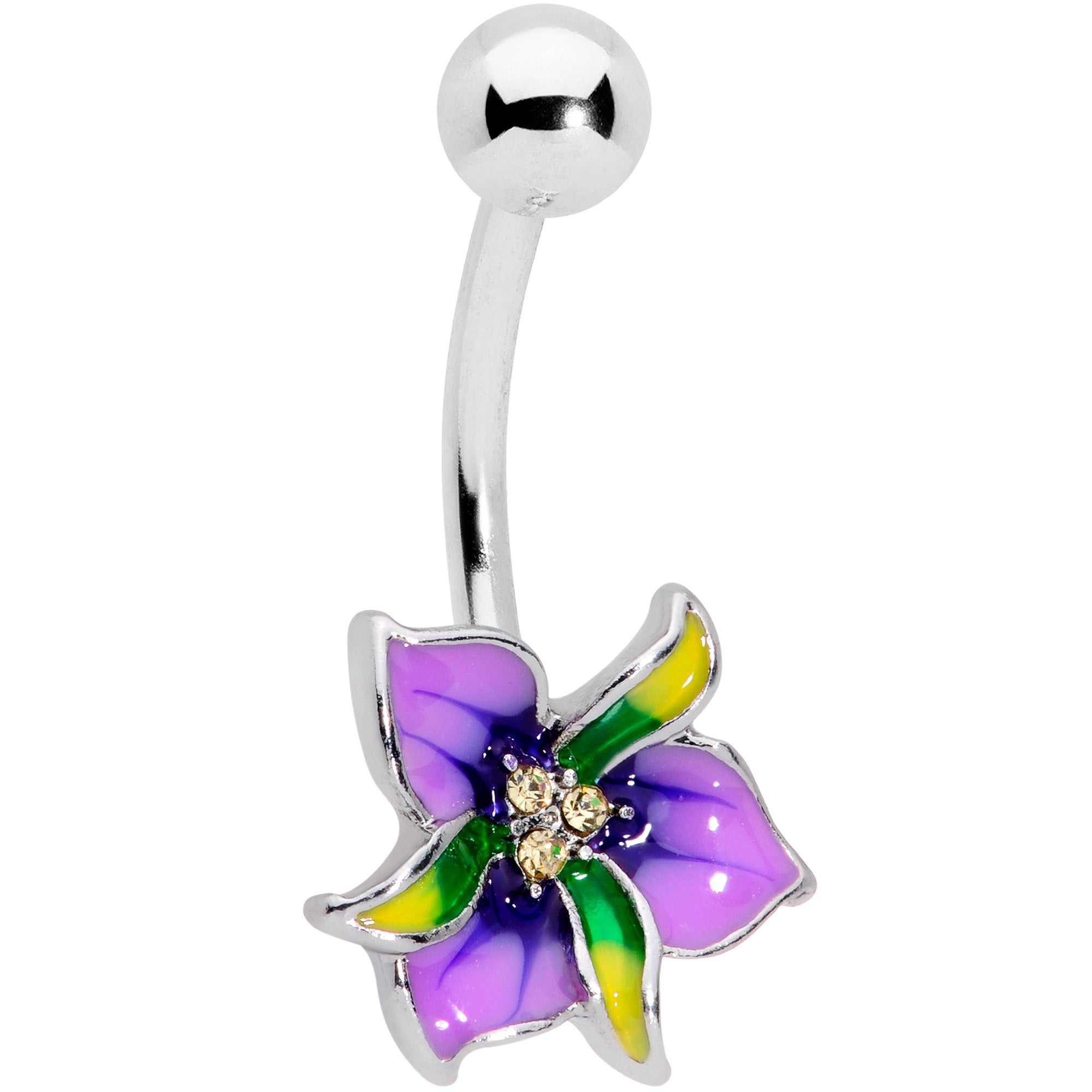 Clear Gem Purple Exotic Flower Belly Ring