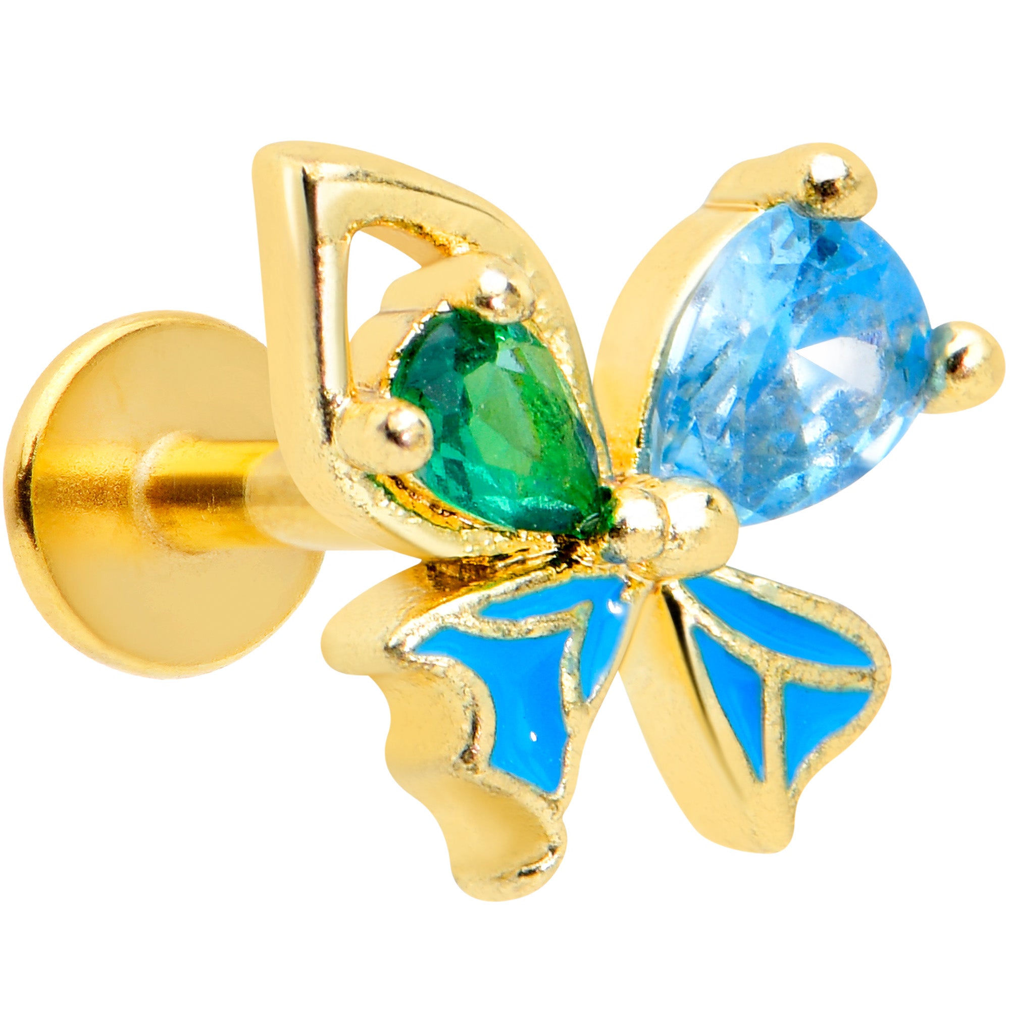 16G 1/4 Blue Green Gem Gold Tone Sweet Butterfly Labret Tragus