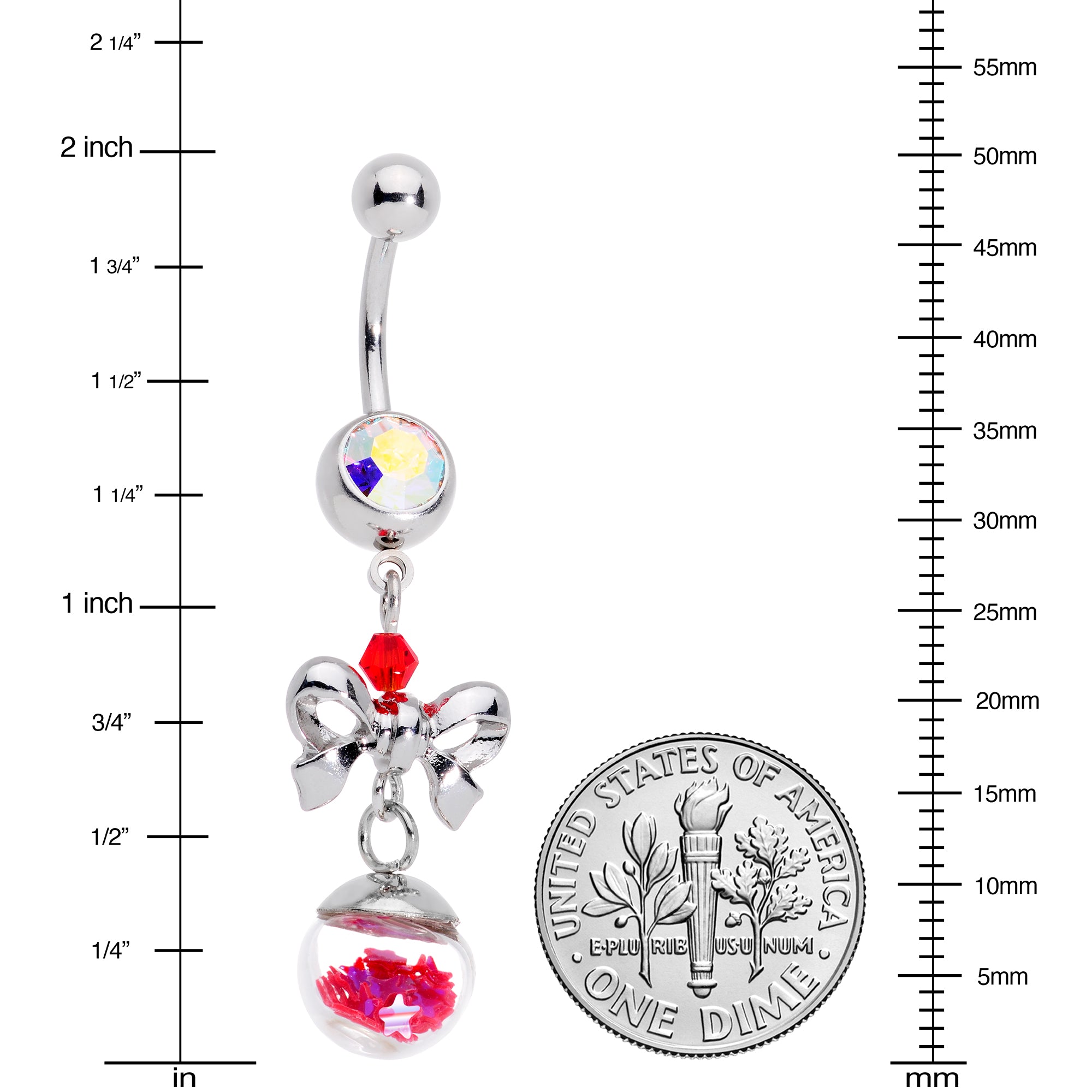 Aurora Red Gem Snow Globe Bow Christmas Dangle Belly Ring