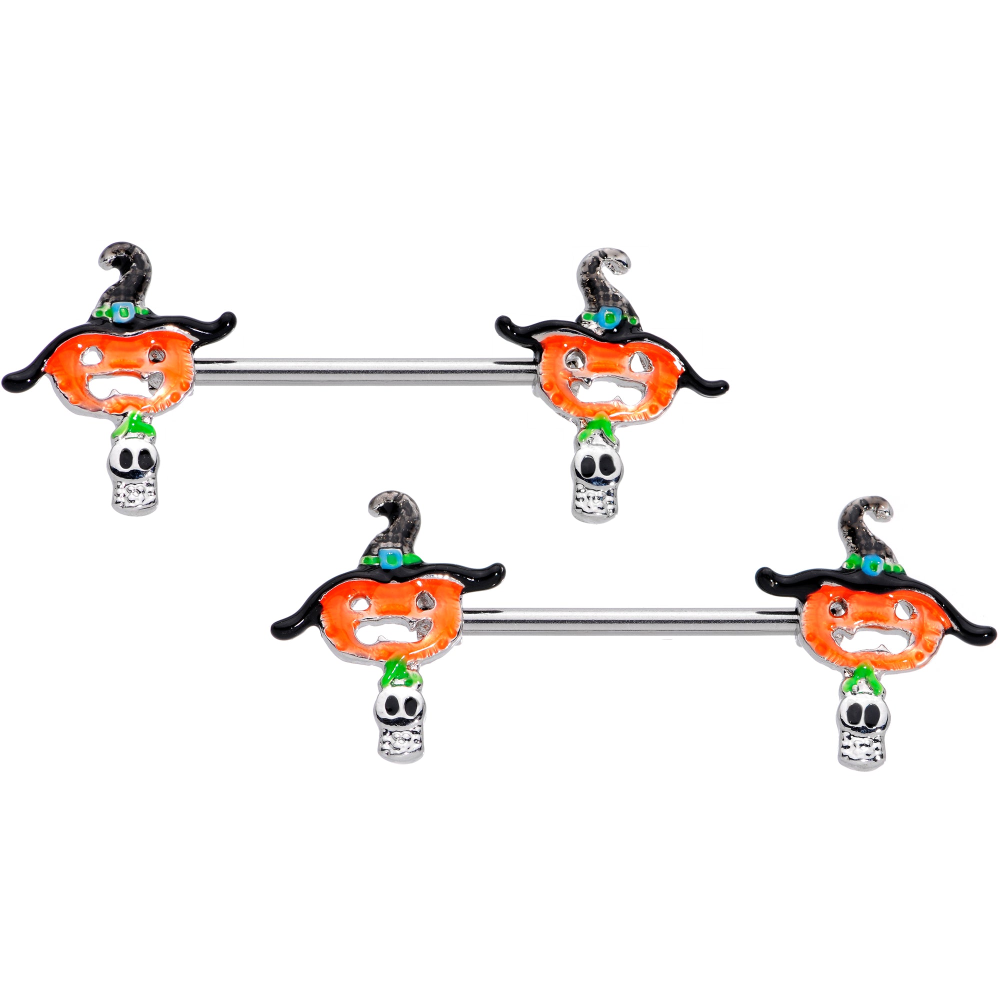 14G 9/16 Pumpkin Witch Ghost Halloween Barbell Nipple Ring Set