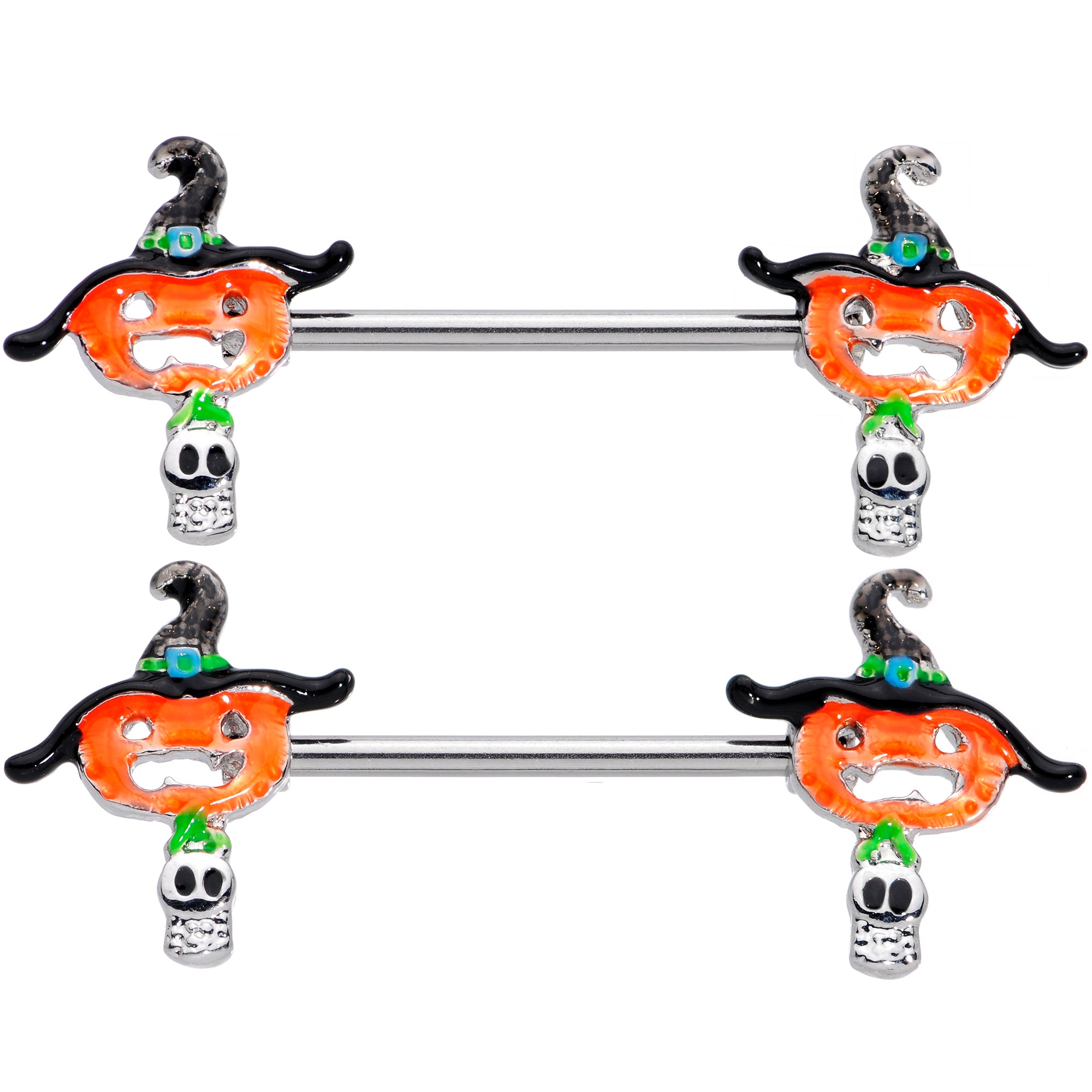 14G 9/16 Pumpkin Witch Ghost Halloween Barbell Nipple Ring Set