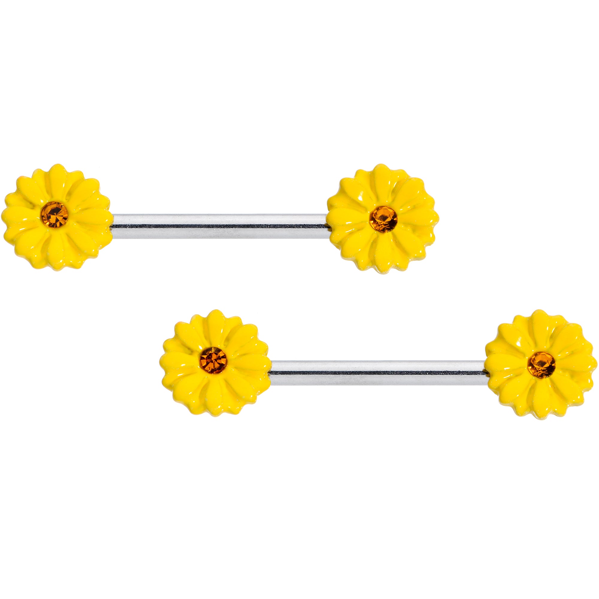 14 Gauge 9/16 Yellow Gem Yellow Sunflower Barbell Nipple Ring Set