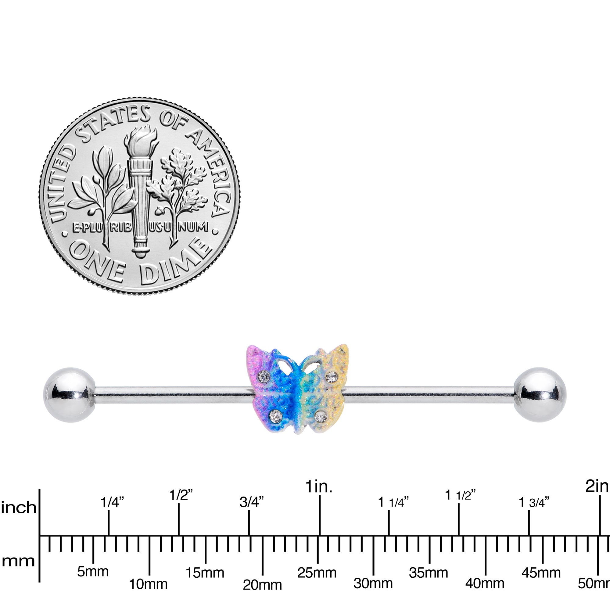 14G Clear Gem Baroque Rainbow Butterfly Industrial Barbell 38mm