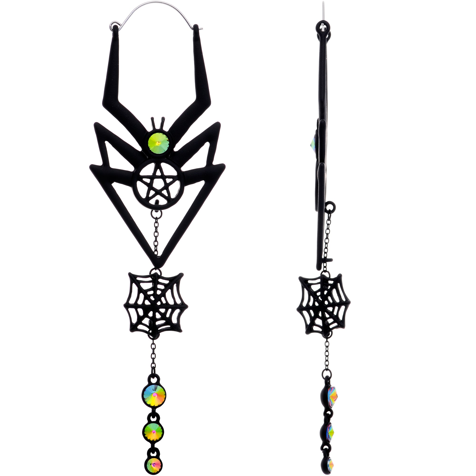 Vitrail Gem Black Spider Pentagram Dangle Tunnel Plug Earrings