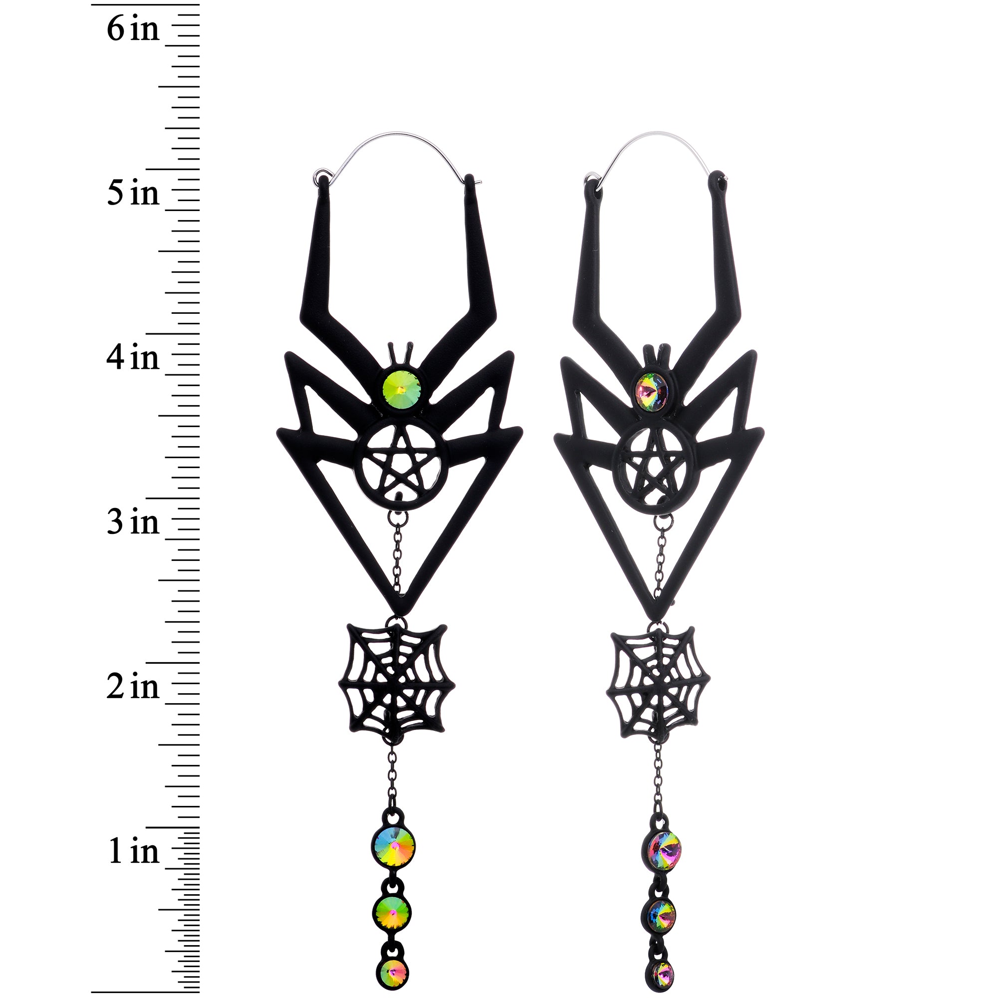 Vitrail Gem Black Spider Pentagram Dangle Tunnel Plug Earrings