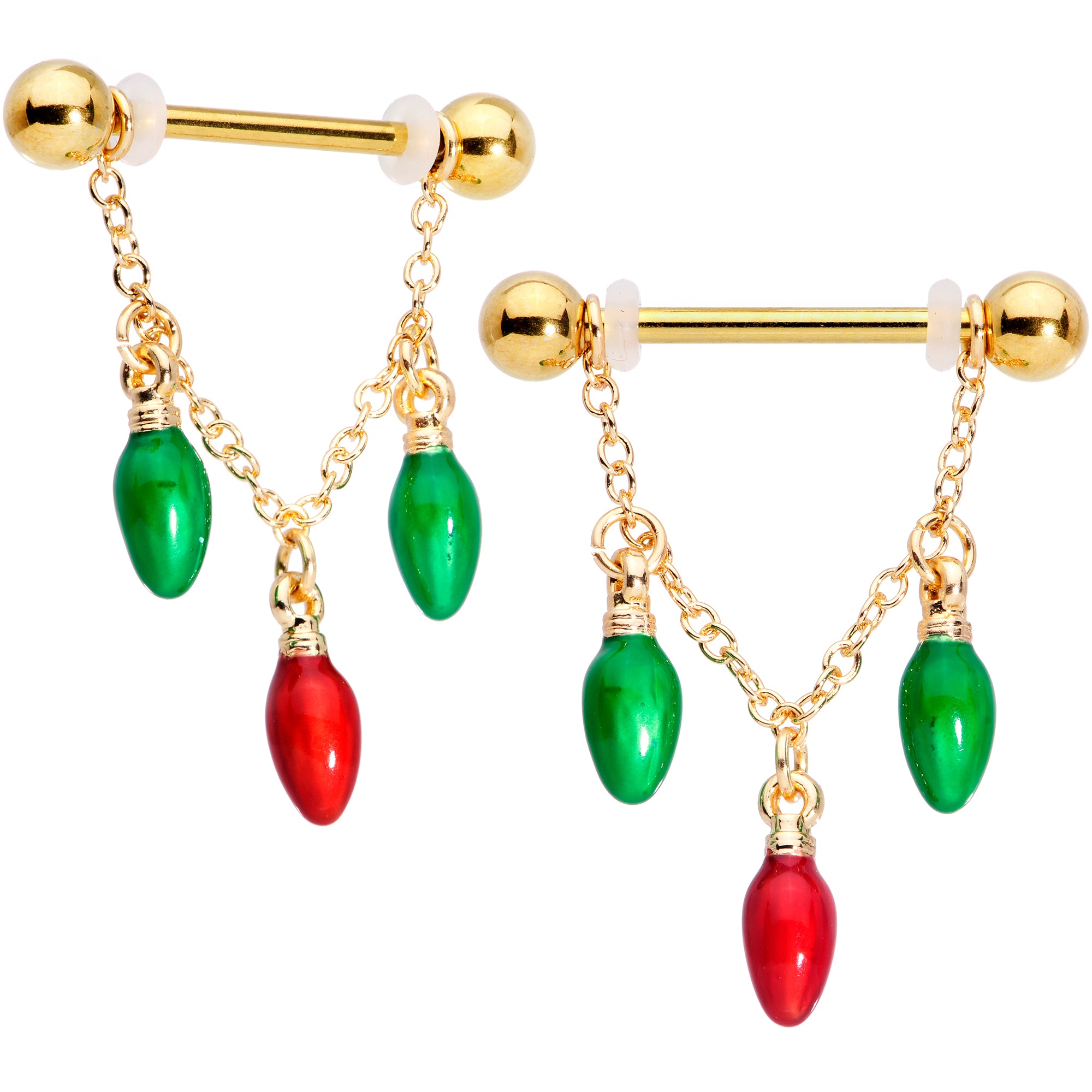14G 9/16 Gold Tone Bulb Christmas Chain Dangle Nipple Ring Set