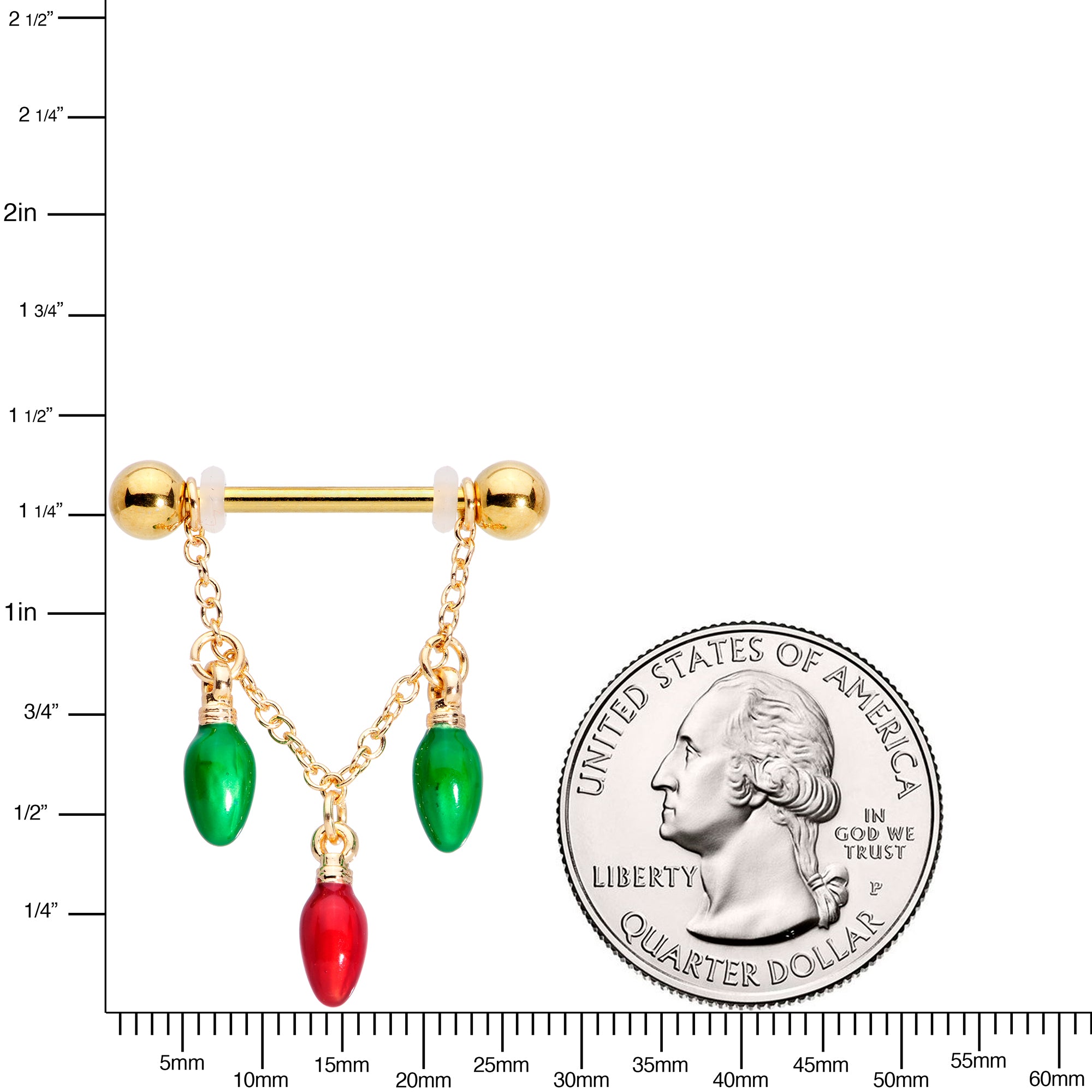 14G 9/16 Gold Tone Bulb Christmas Chain Dangle Nipple Ring Set