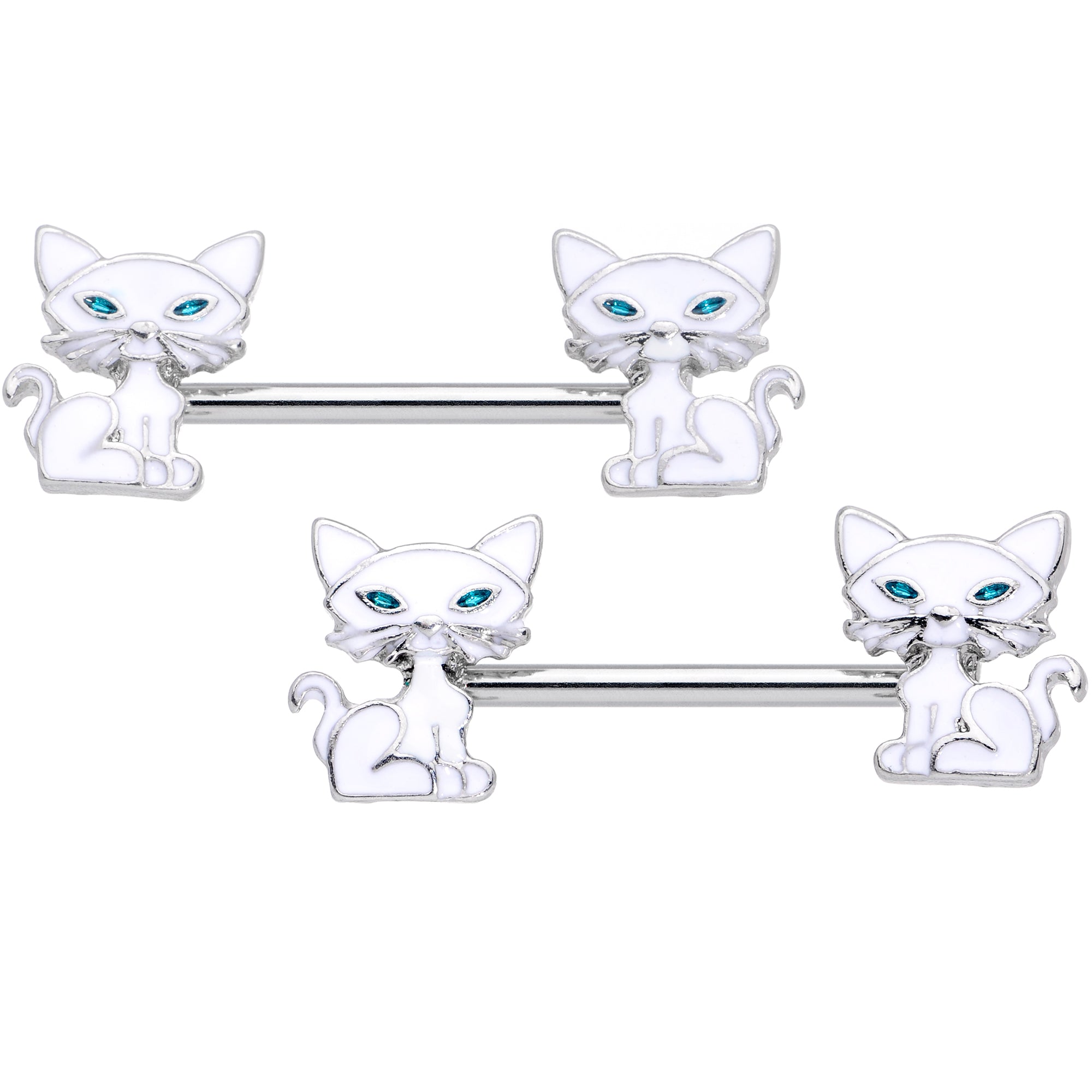 14G 9/16 Blue Eyed White Cat Barbell Nipple Ring Set