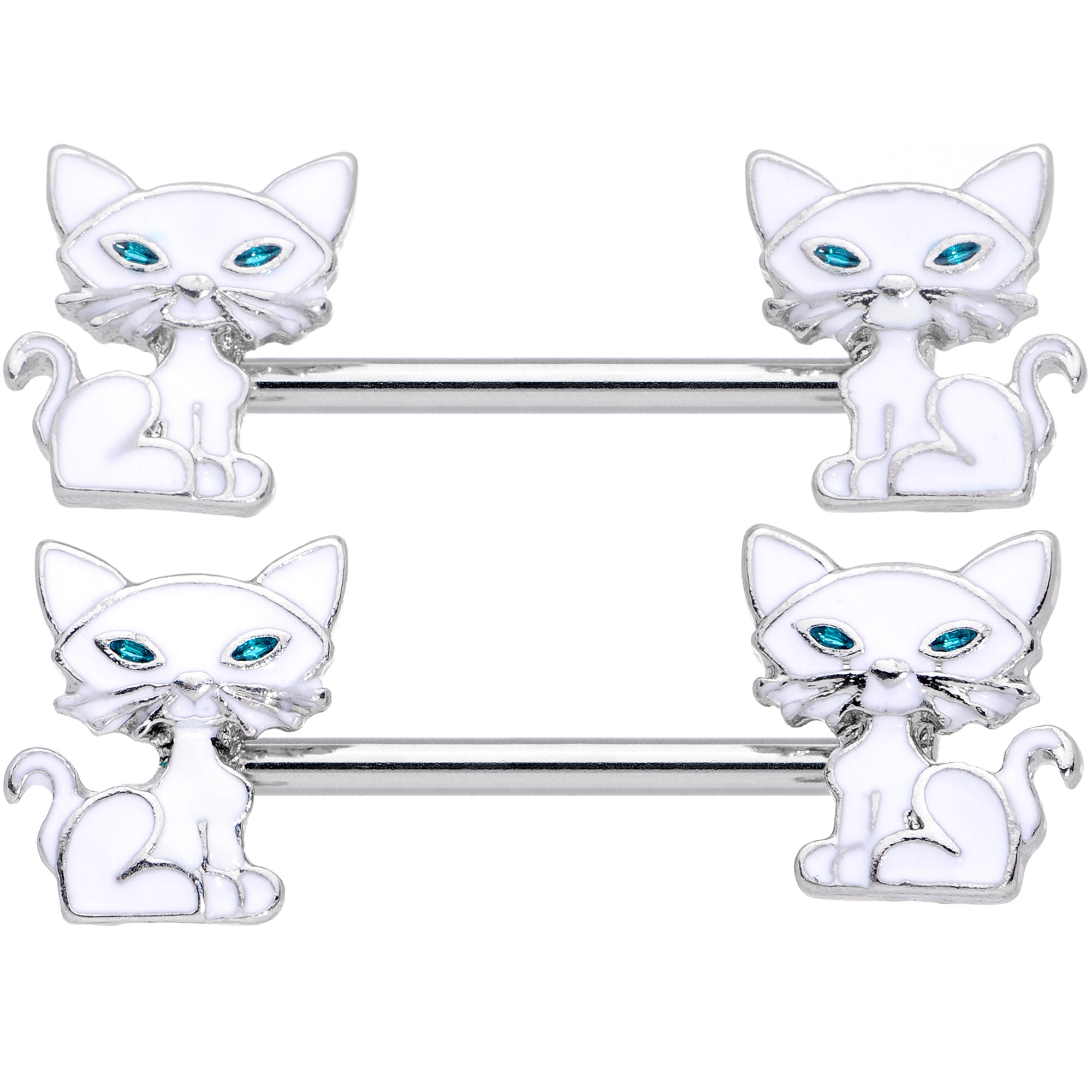 14G 9/16 Blue Eyed White Cat Barbell Nipple Ring Set