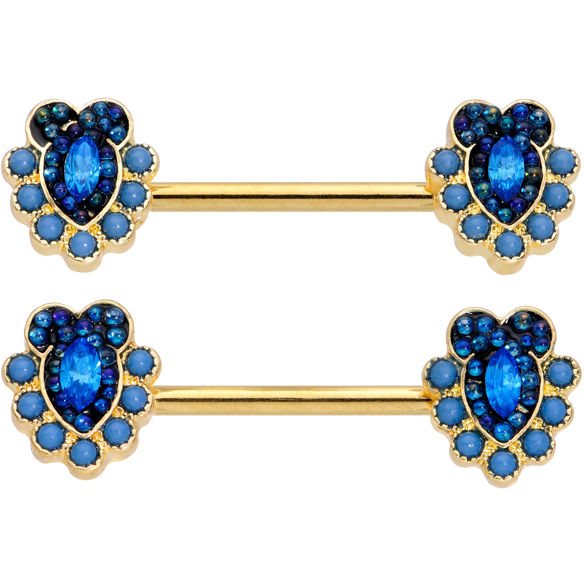 14G 9/16 Blue Gem Gold Tone Opulent Oval Barbell Nipple Ring Set