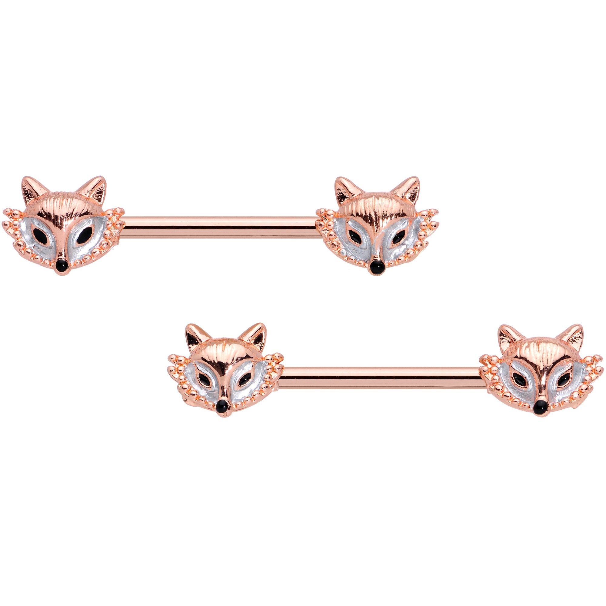14G 9/16 Rose Gold Tone Fashion Fox Barbell Nipple Ring Set