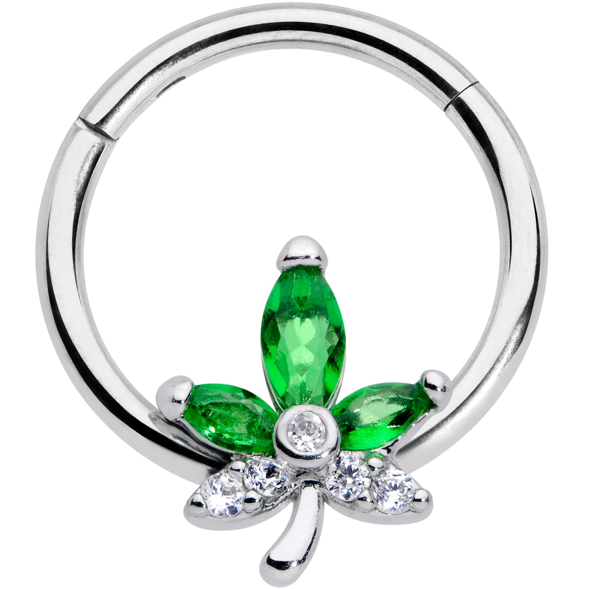 16G 3/8 Clear Green Gem Pot Leaf Hinged Segment Ring