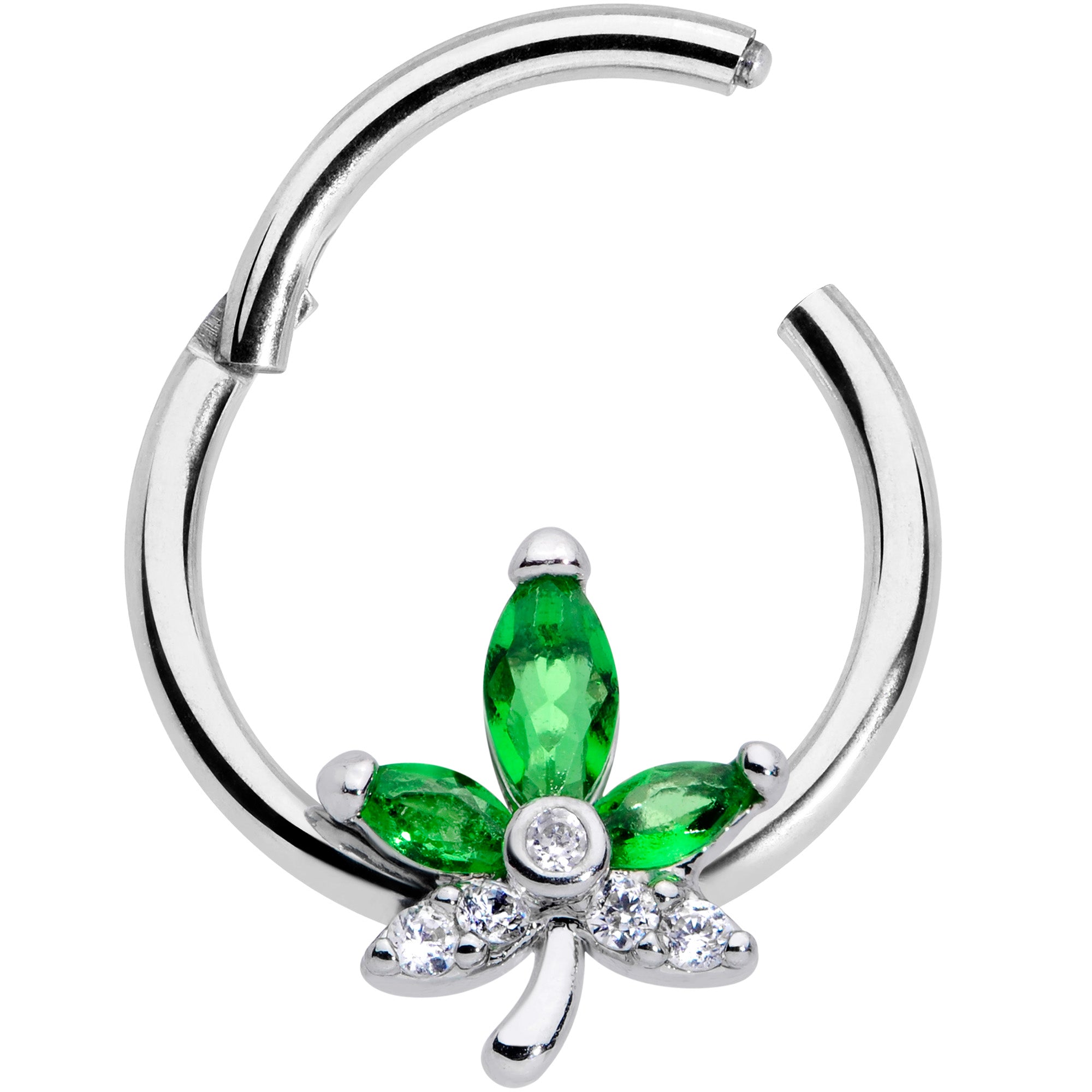 16G 3/8 Clear Green Gem Pot Leaf Hinged Segment Ring