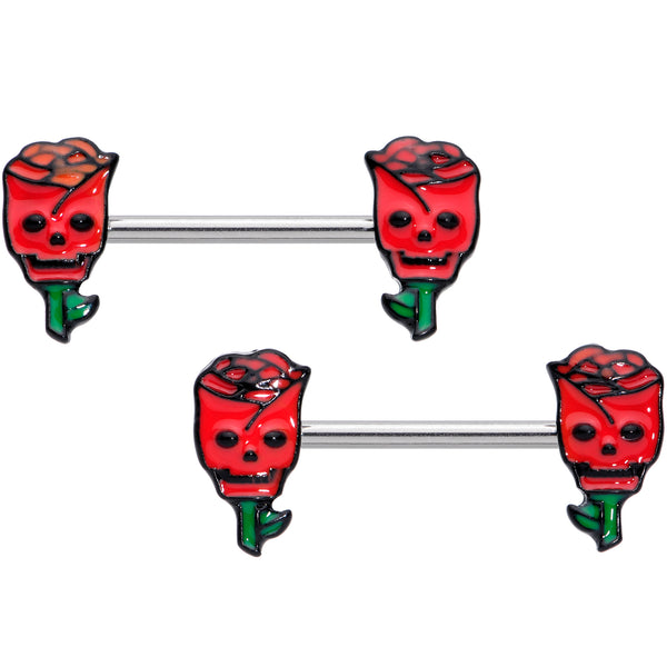 14 Gauge 9/16 Skull Red Roses Valentine Barbell Nipple Ring Set