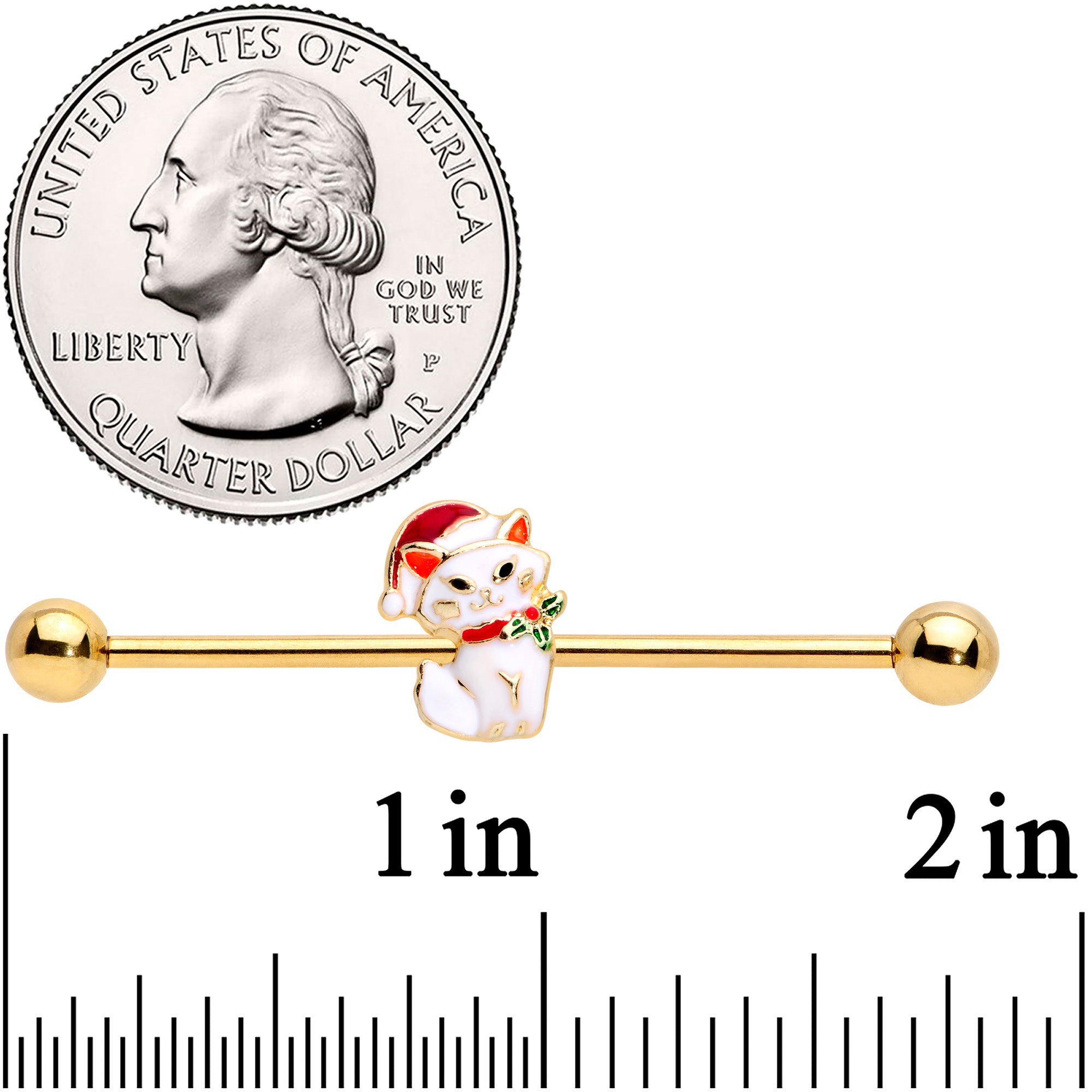 14G Gold Tone Cat Santa Hat Christmas Industrial Barbell 38mm