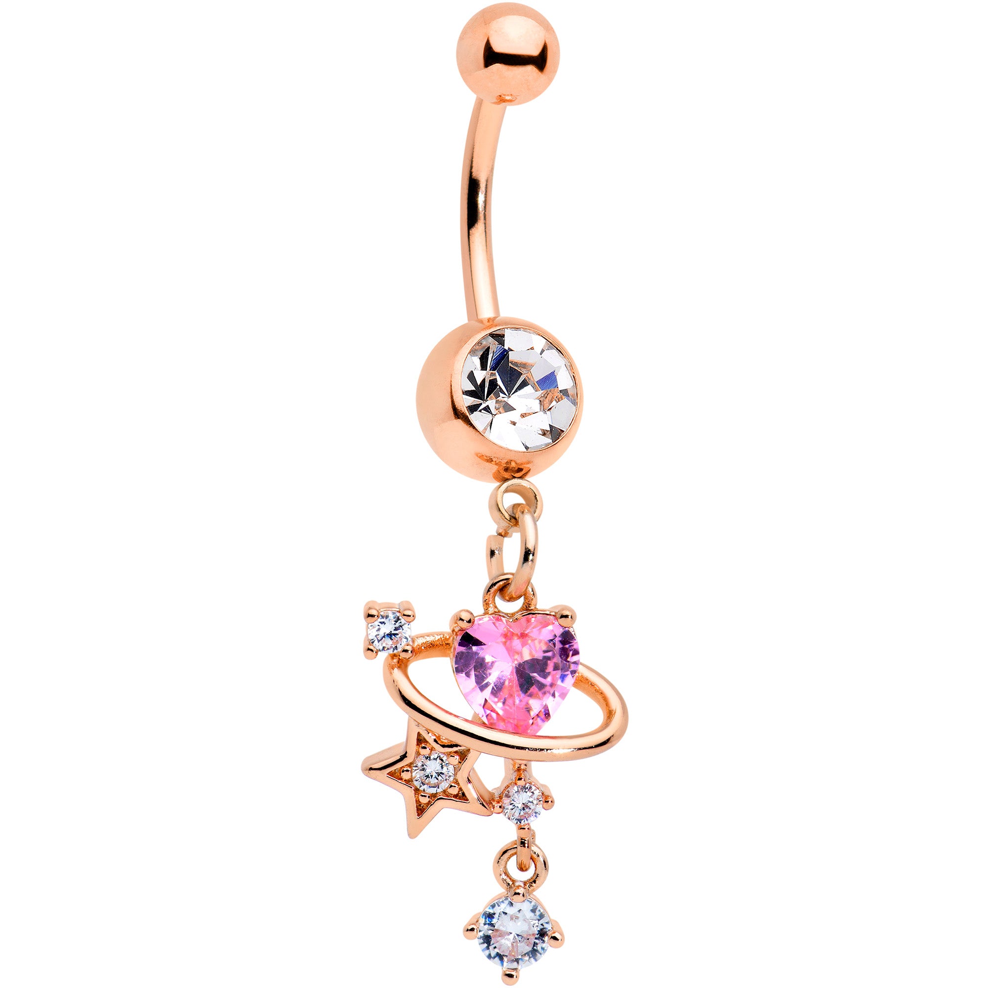 Clear Pink Gem Rose Gold Tone Star Heart Dangle Belly Ring