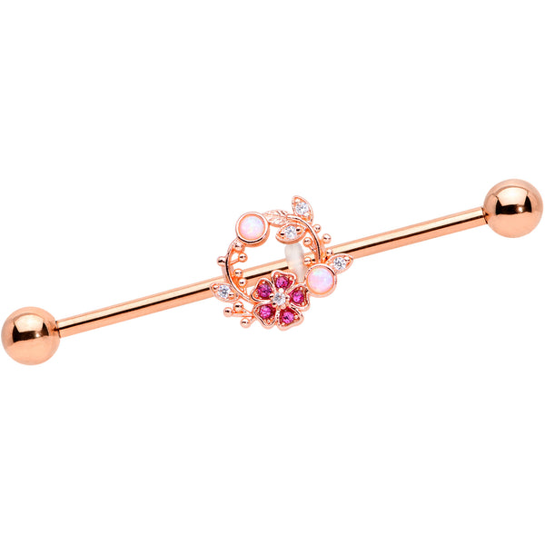 14 Gauge Rose Gold Tone Synth Opal Pink Flower Industrial Barbell 38mm