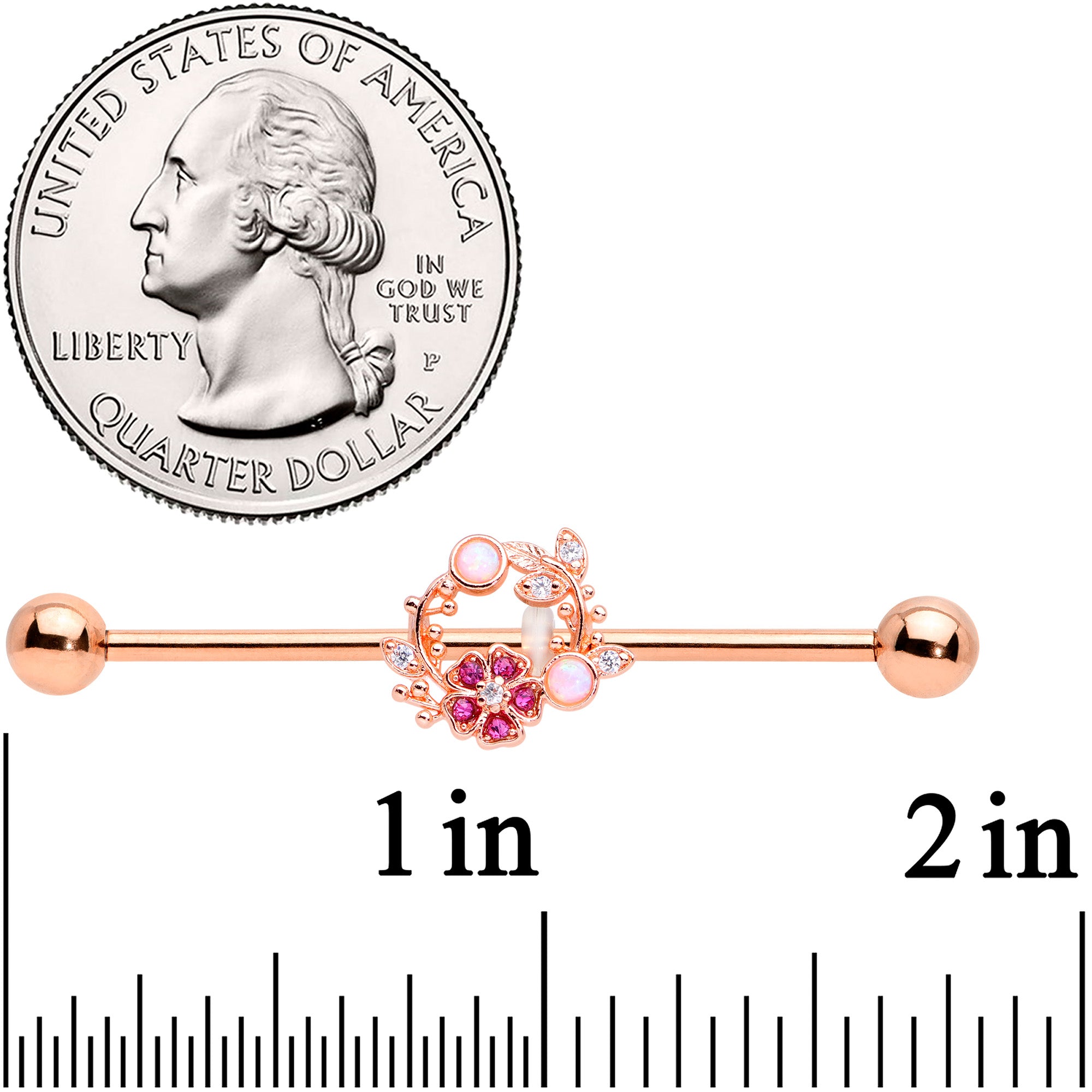 14G Rose Gold Tone Synth Opal Pink Flower Industrial Barbell 38mm