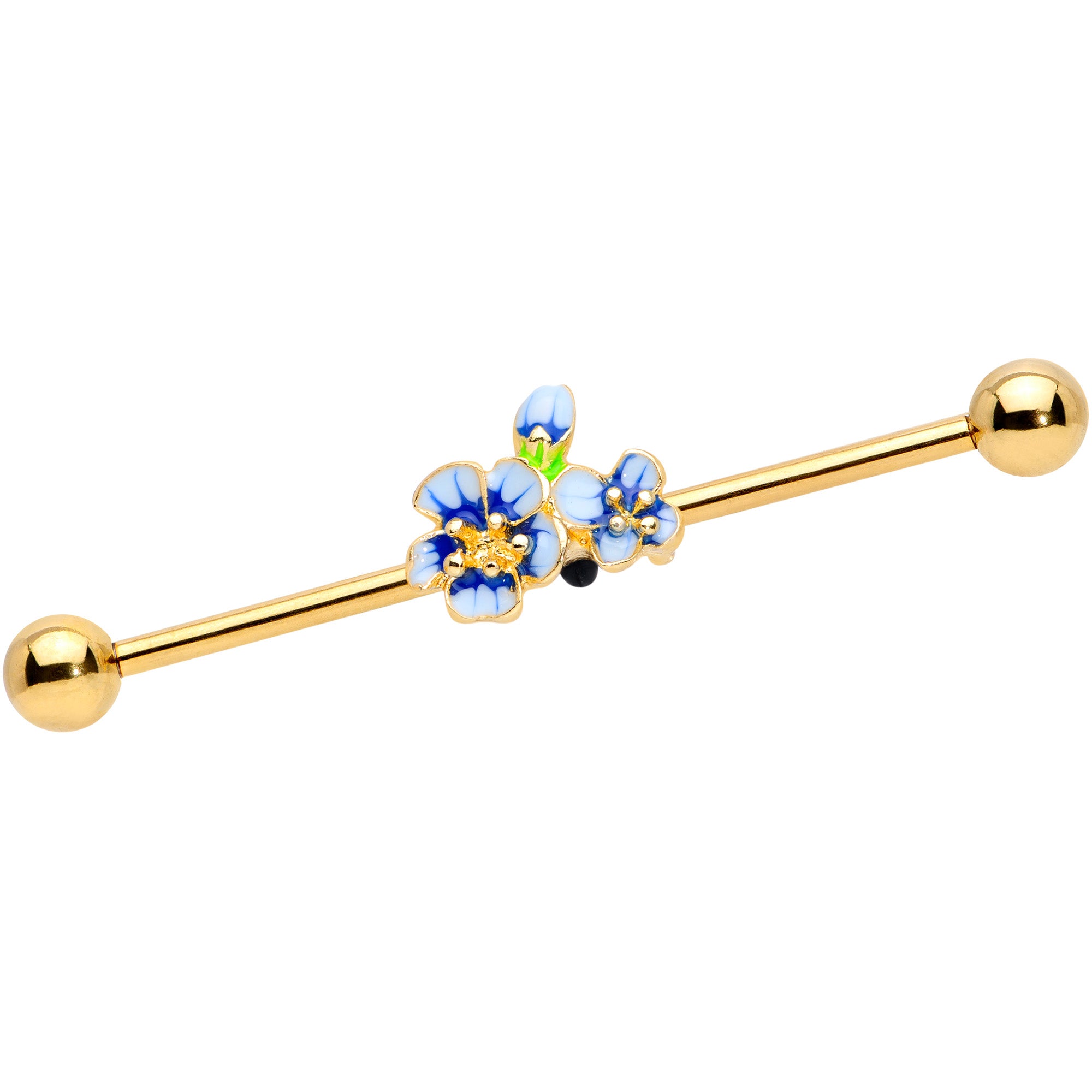14G Gold Tone White Blue Flower Industrial Barbell 38mm