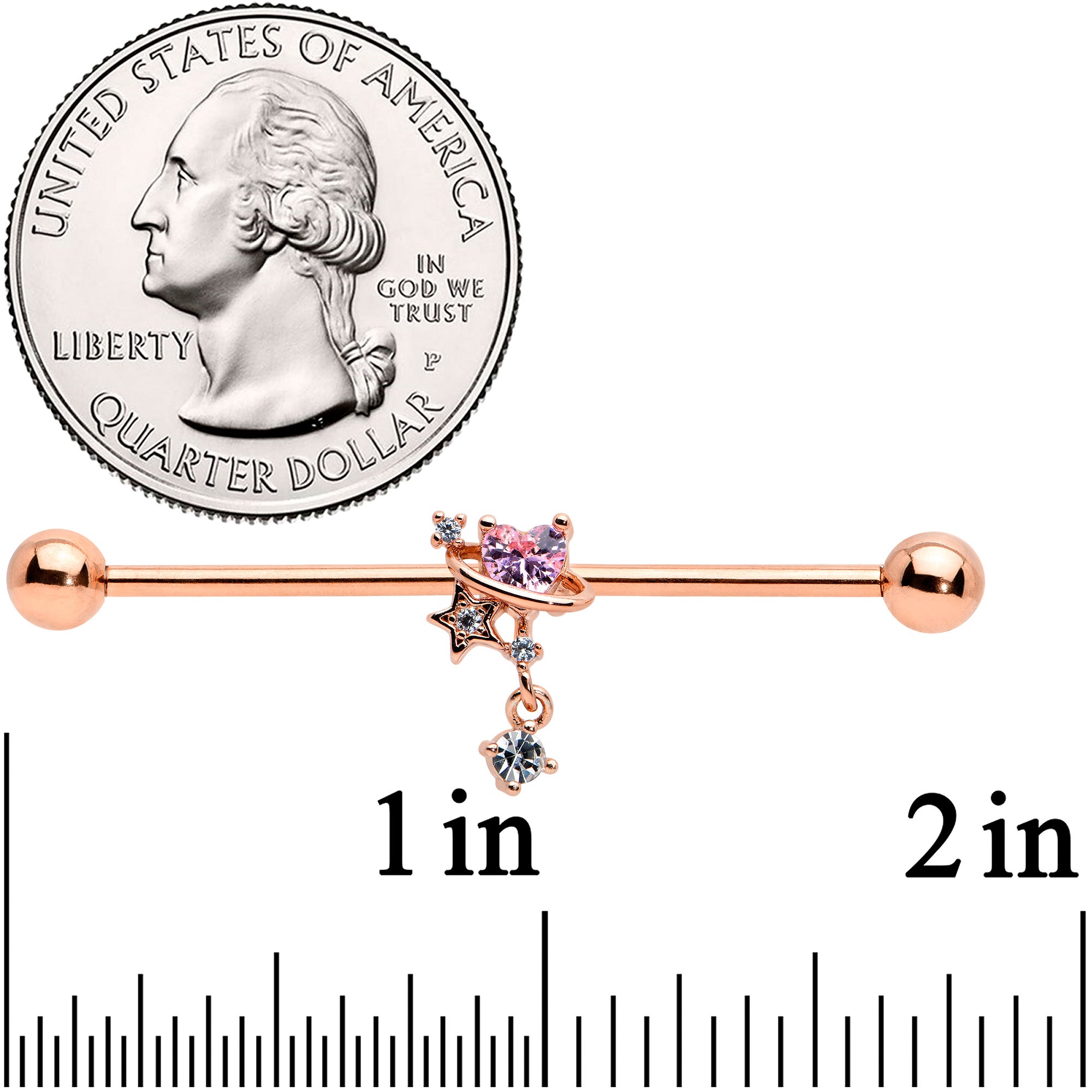 14G Pink Gem Rose Gold Tone Star Dangle Industrial Barbell 38mm