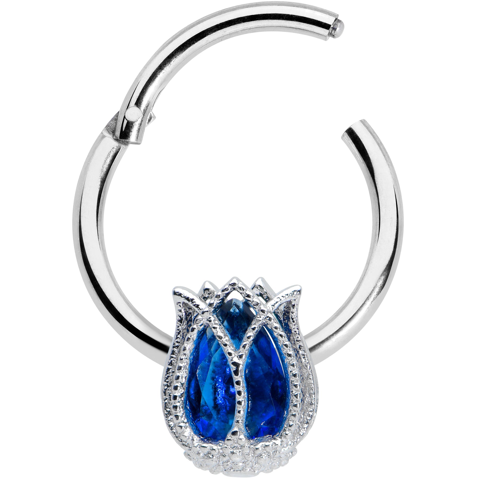 16G 3/8 Blue Gem Petals Tulip Flower Hinged Segment Ring