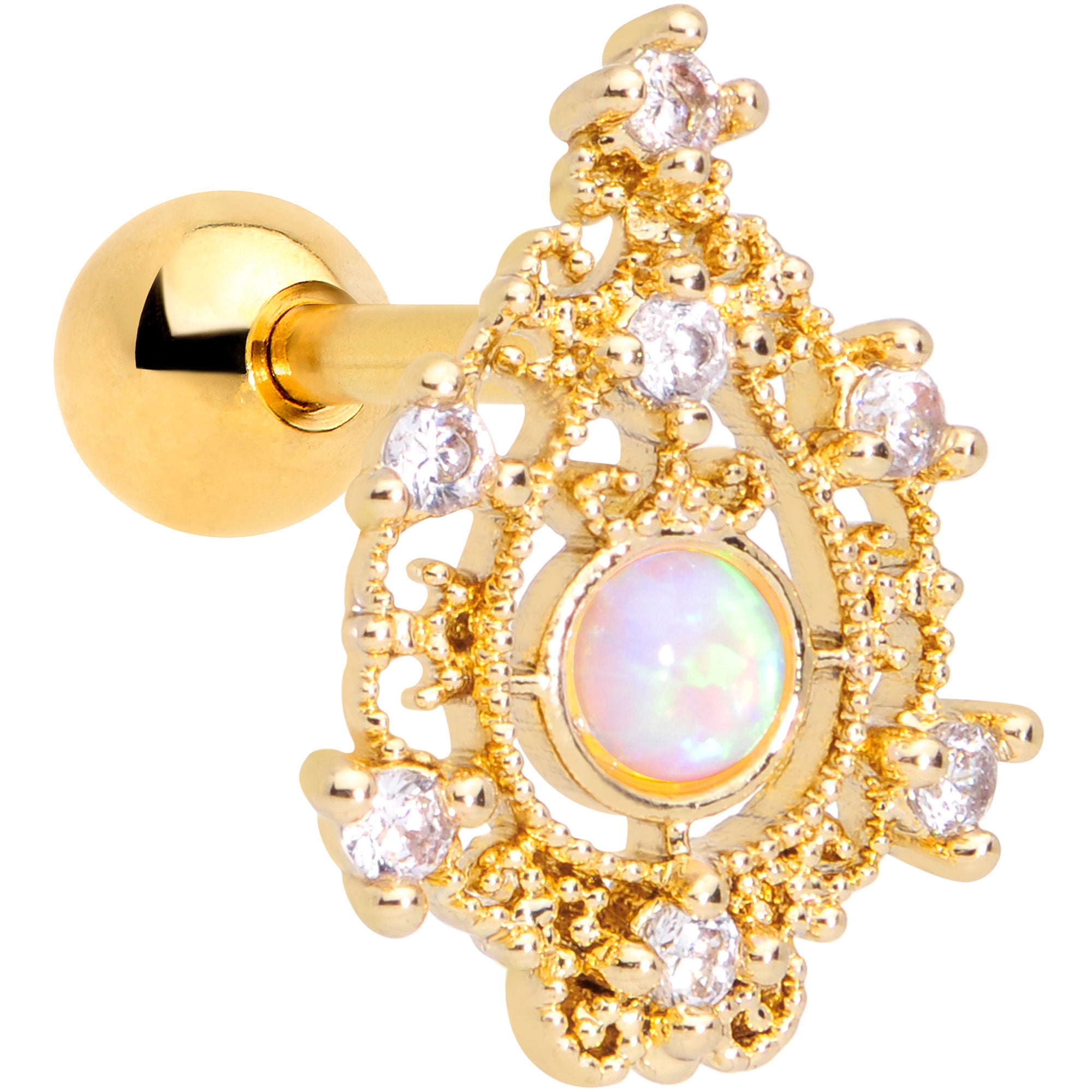 16G 1/4 Ornate White Synthetic Opal Gold Tone Oval Cartilage Tragus