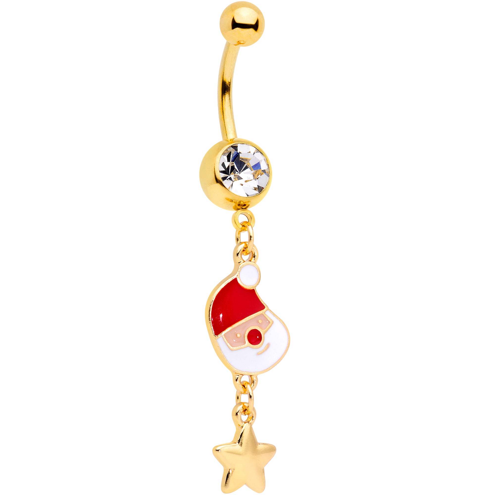 Clear Gem Gold Tone Santa Christmas Tree Dangle Belly Ring Set of 2