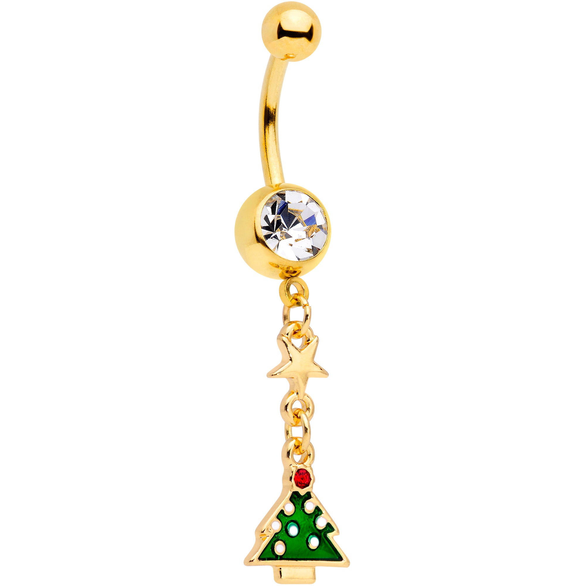 Clear Gem Gold Tone Santa Christmas Tree Dangle Belly Ring Set of 2