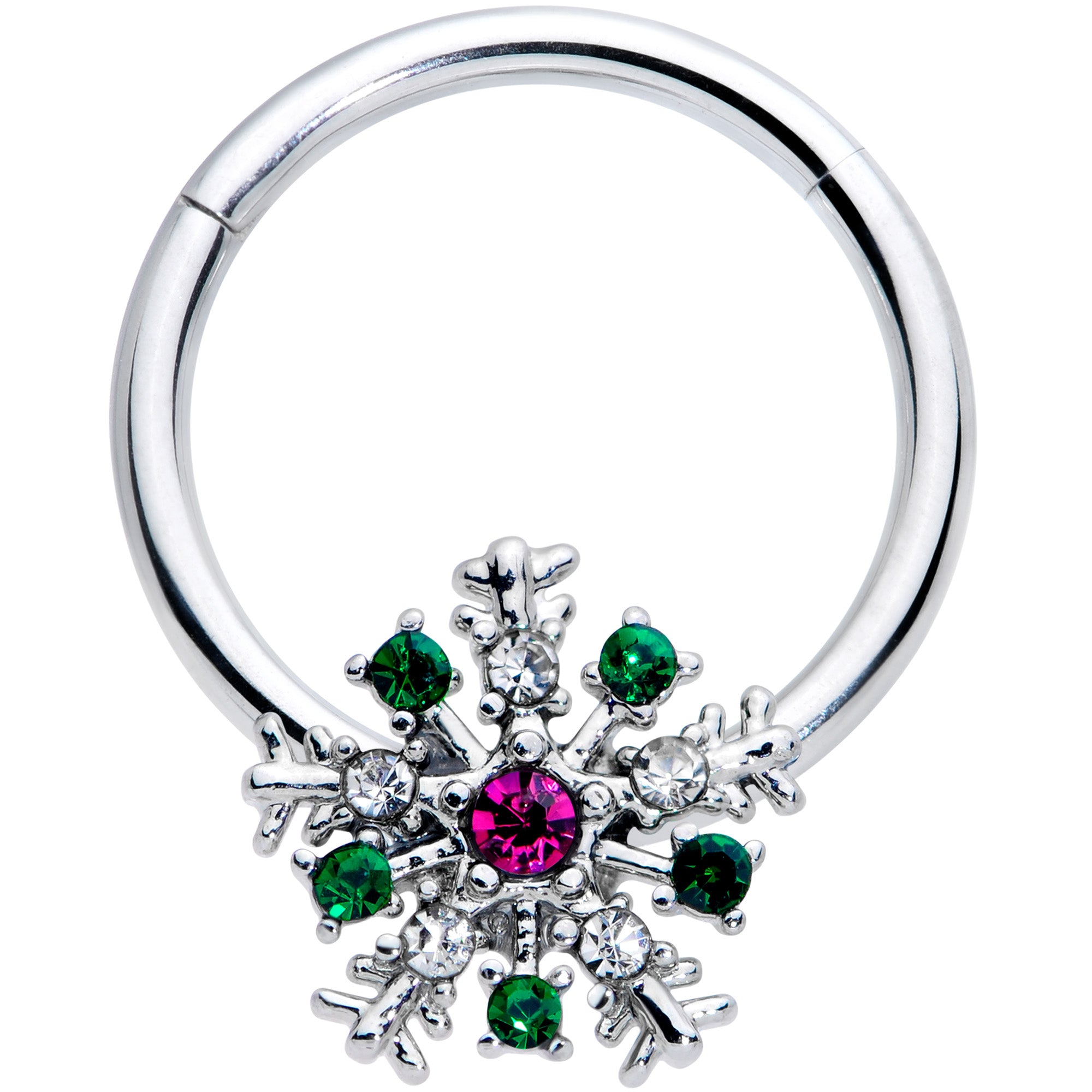 16G 3/8 Clear Green Pink Gem Snowflake Hinged Segment Ring