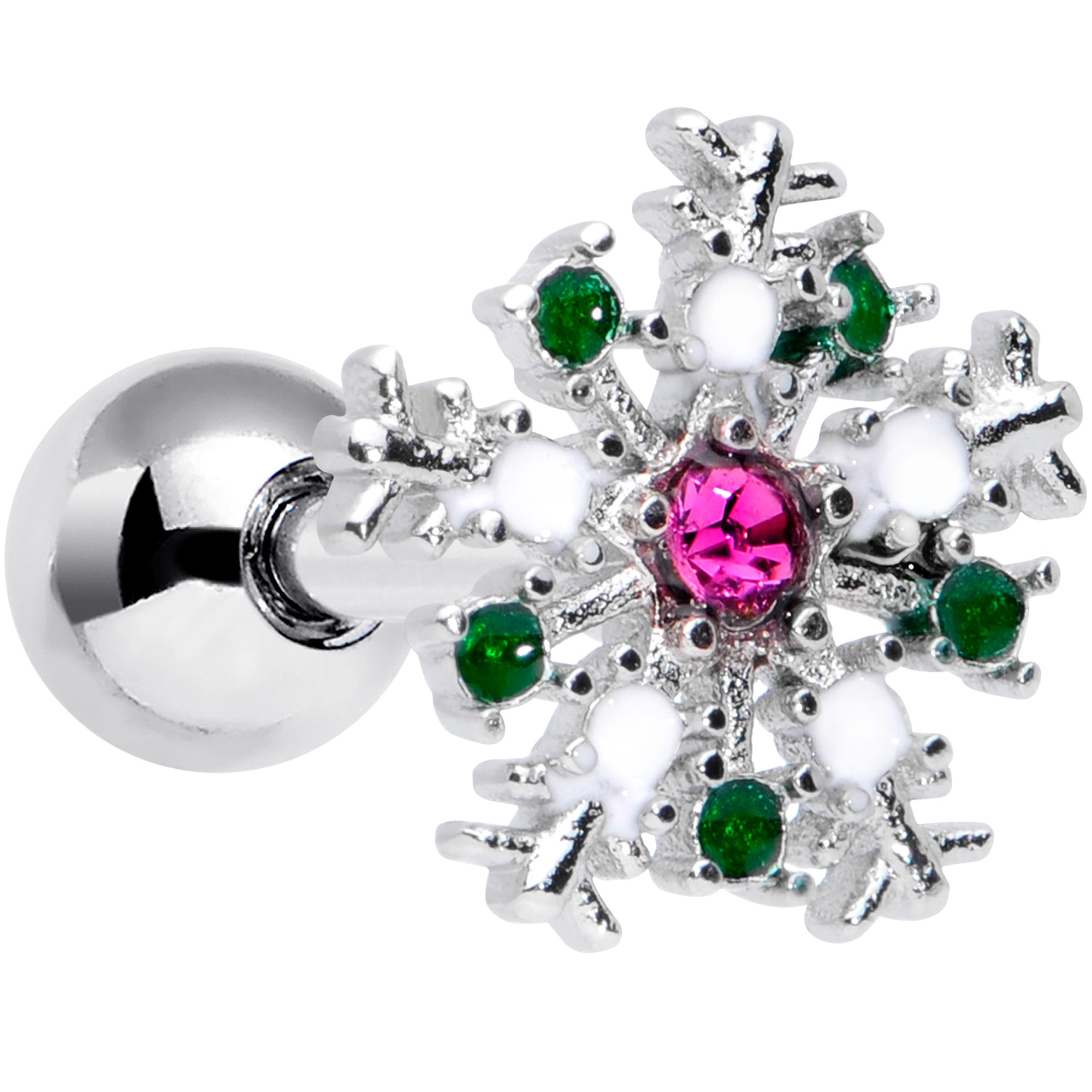 16G 1/4 Clear Pink Green Gem Snowflake Cartilage Tragus Earring