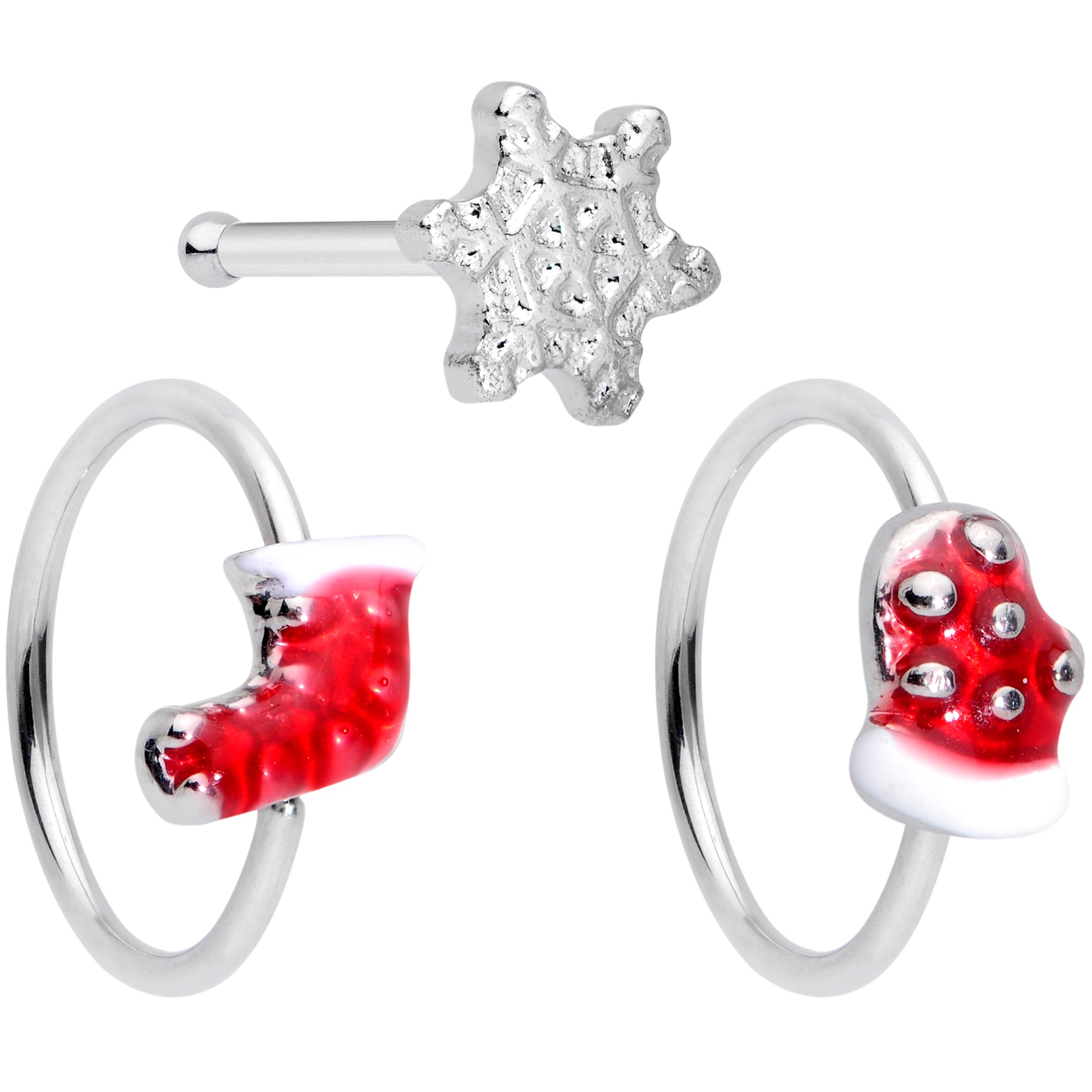 20G 5/16 Clear Gem Snowflake Stocking Nose Bone Hoop Set of 3