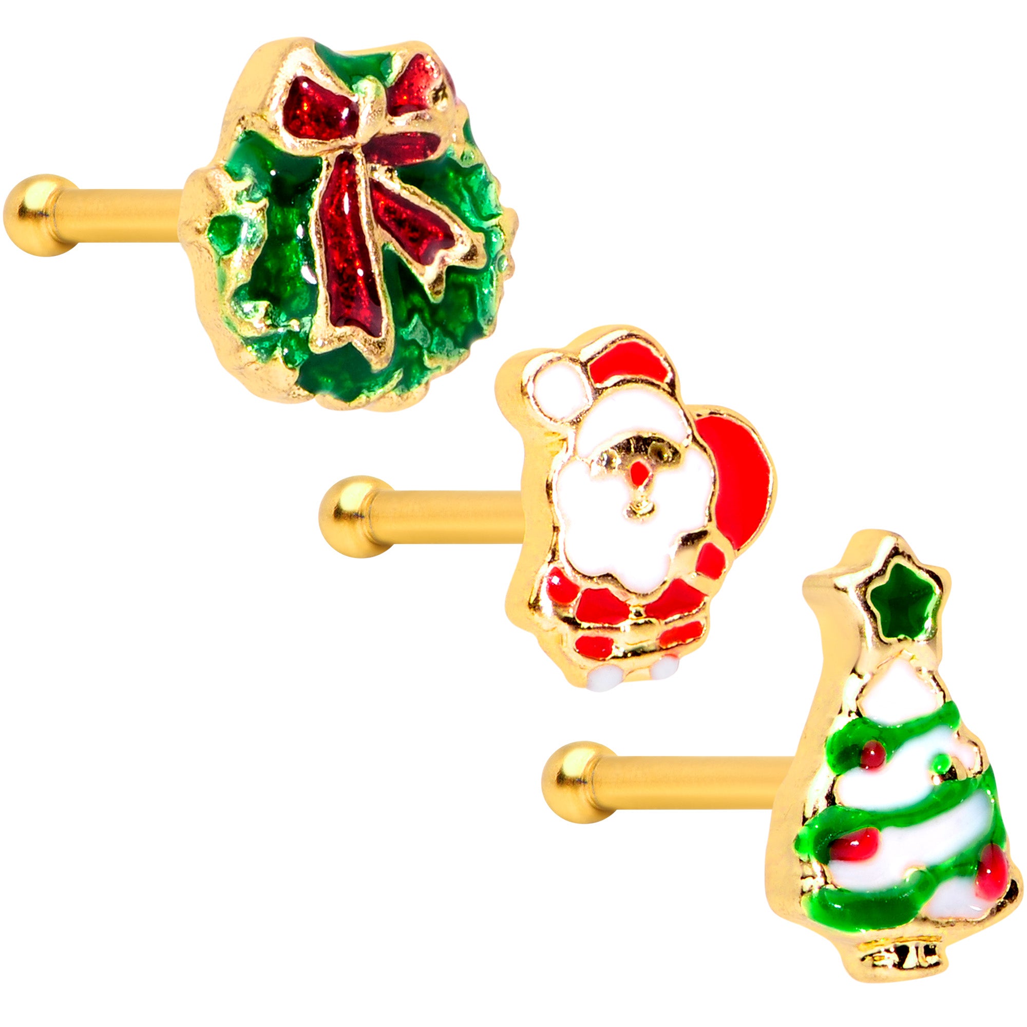 20 Gauge 1/4 Gold Tone Santa Tree Wreath Christmas Nose Bone Set of 3