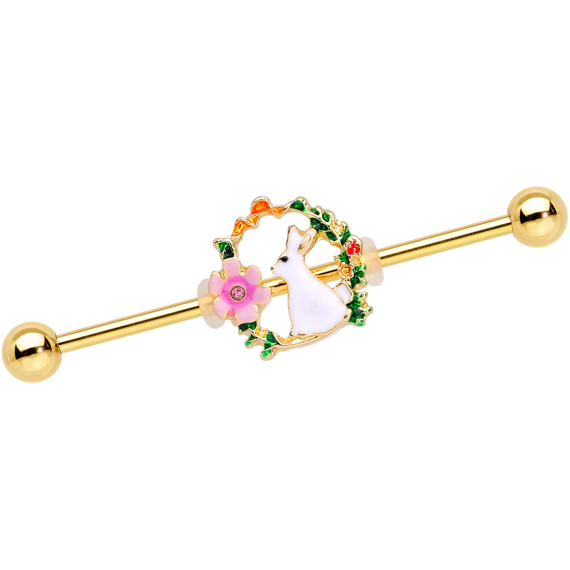 14G Clear Gem Gold Tone Bunny Flower Industrial Barbell 38mm