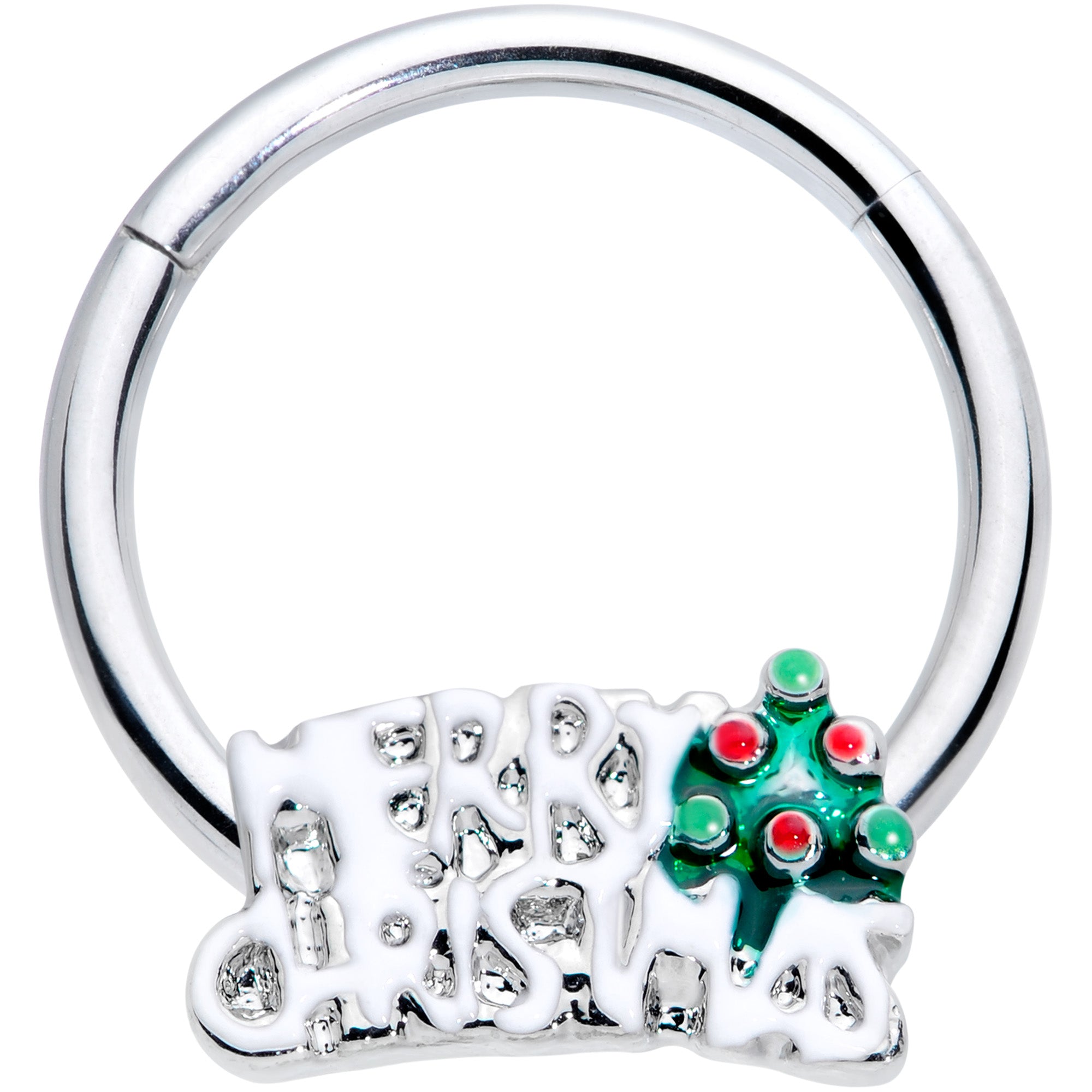 16G 3/8 Green Red Gem White Merry Christmas Hinged Segment Ring