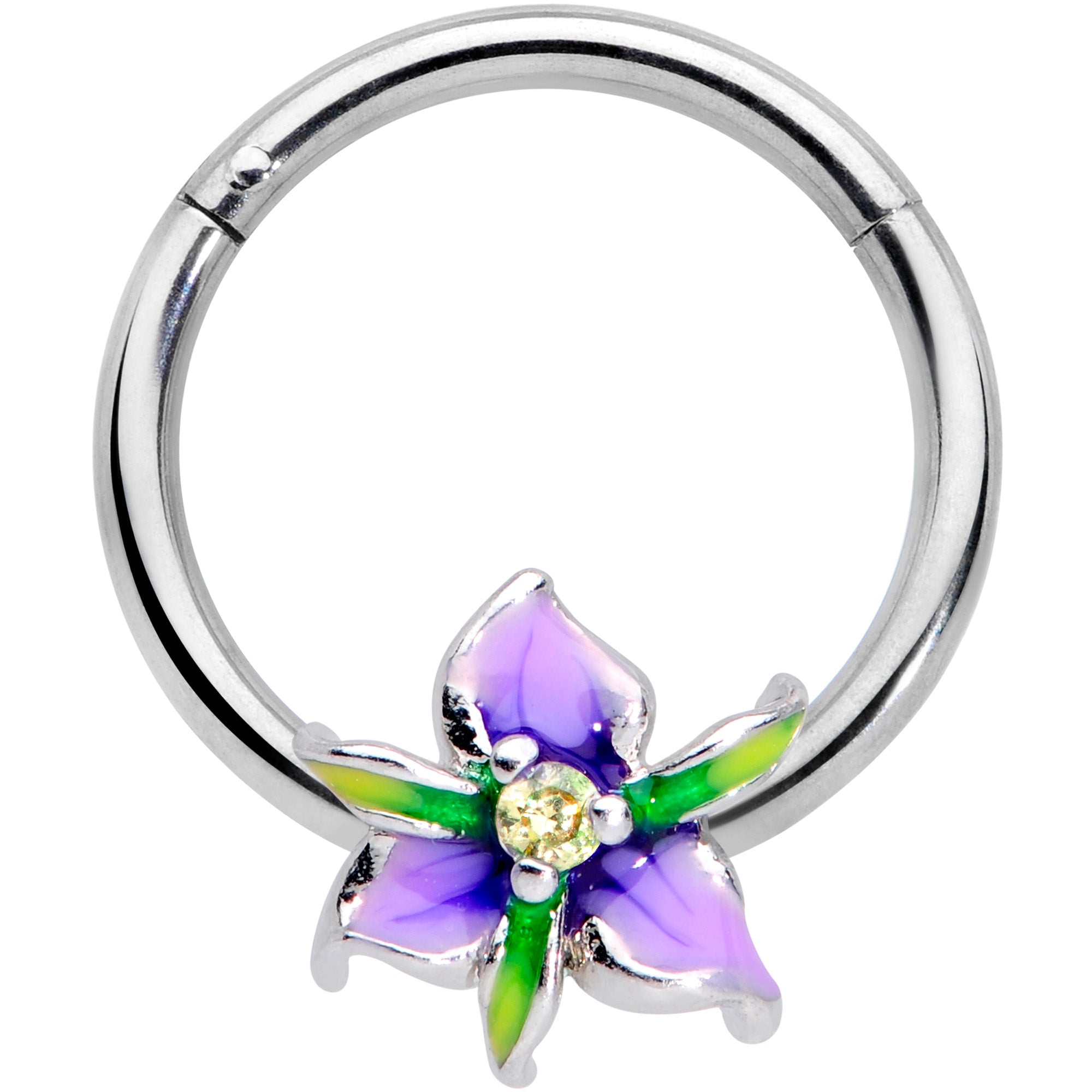 16G 3/8 Clear Gem Purple Iris Flower Hinged Segment Ring